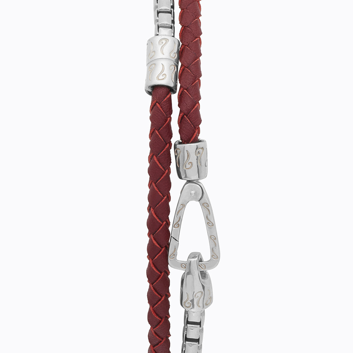 LASH Box Chain & Braided Leather Bracelet, Polished Silver, Red Leather-Close View