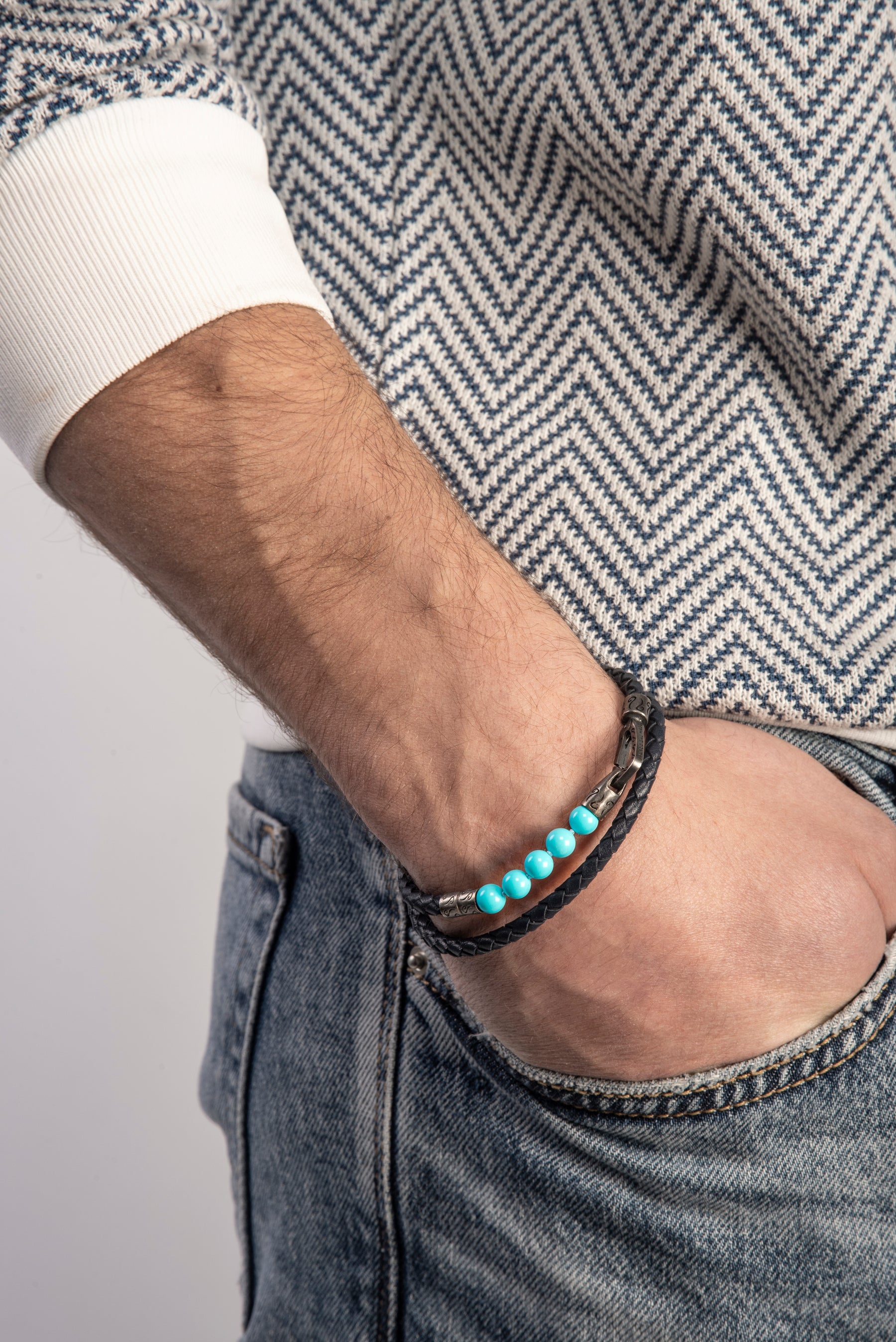 LASH 6 mm Beaded Double Bracelet, Silver, Turquoised, Blue Leather-Model View