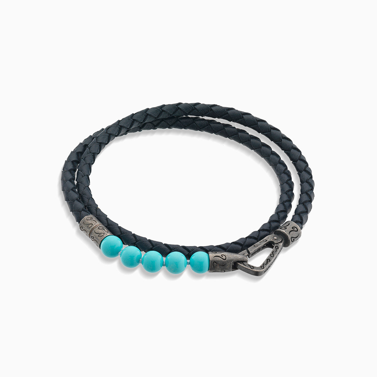 LASH 6 mm Beaded Double Bracelet, Silver, Turquoised, Blue Leather-Straight View