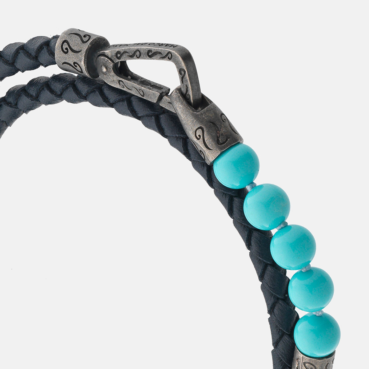 LASH 6 mm Beaded Double Bracelet, Silver, Turquoised, Blue Leather-Close View