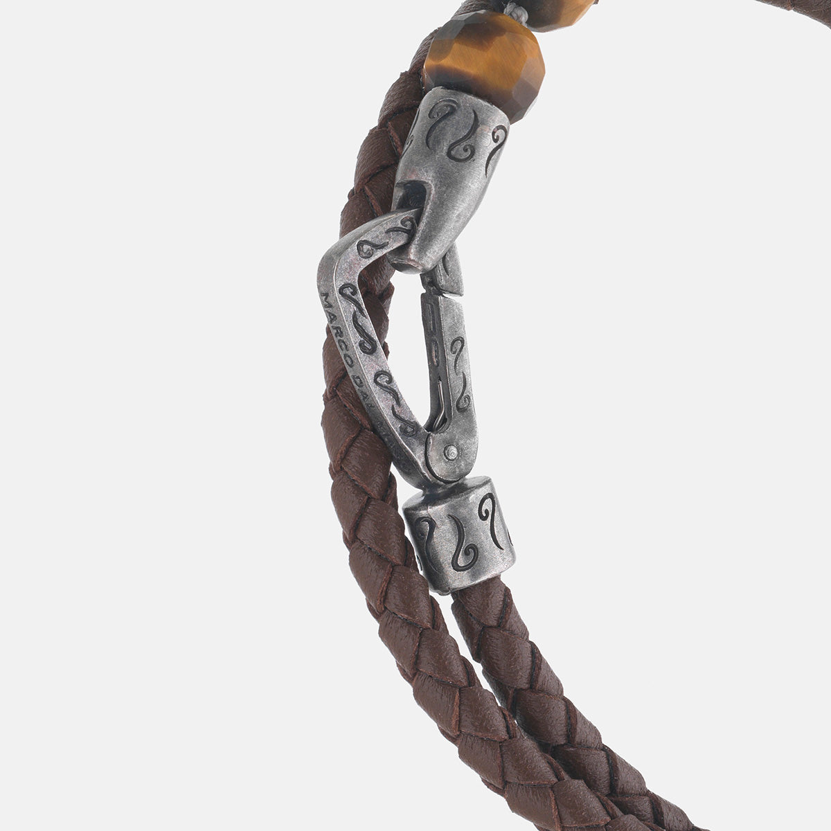 LASH 8 mm Beaded Double Bracelet, Tiger Eye, Brown Leather-Close View