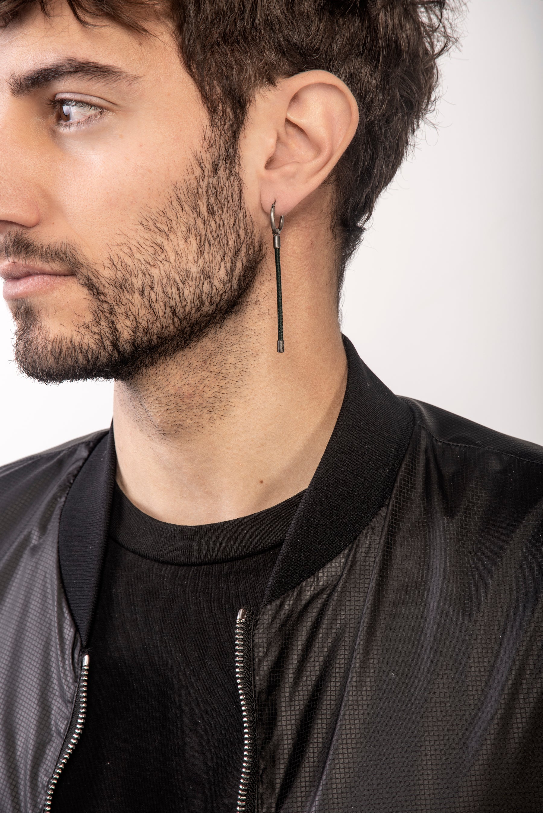 LASH Long Drop Earring, Green Leather-Model View