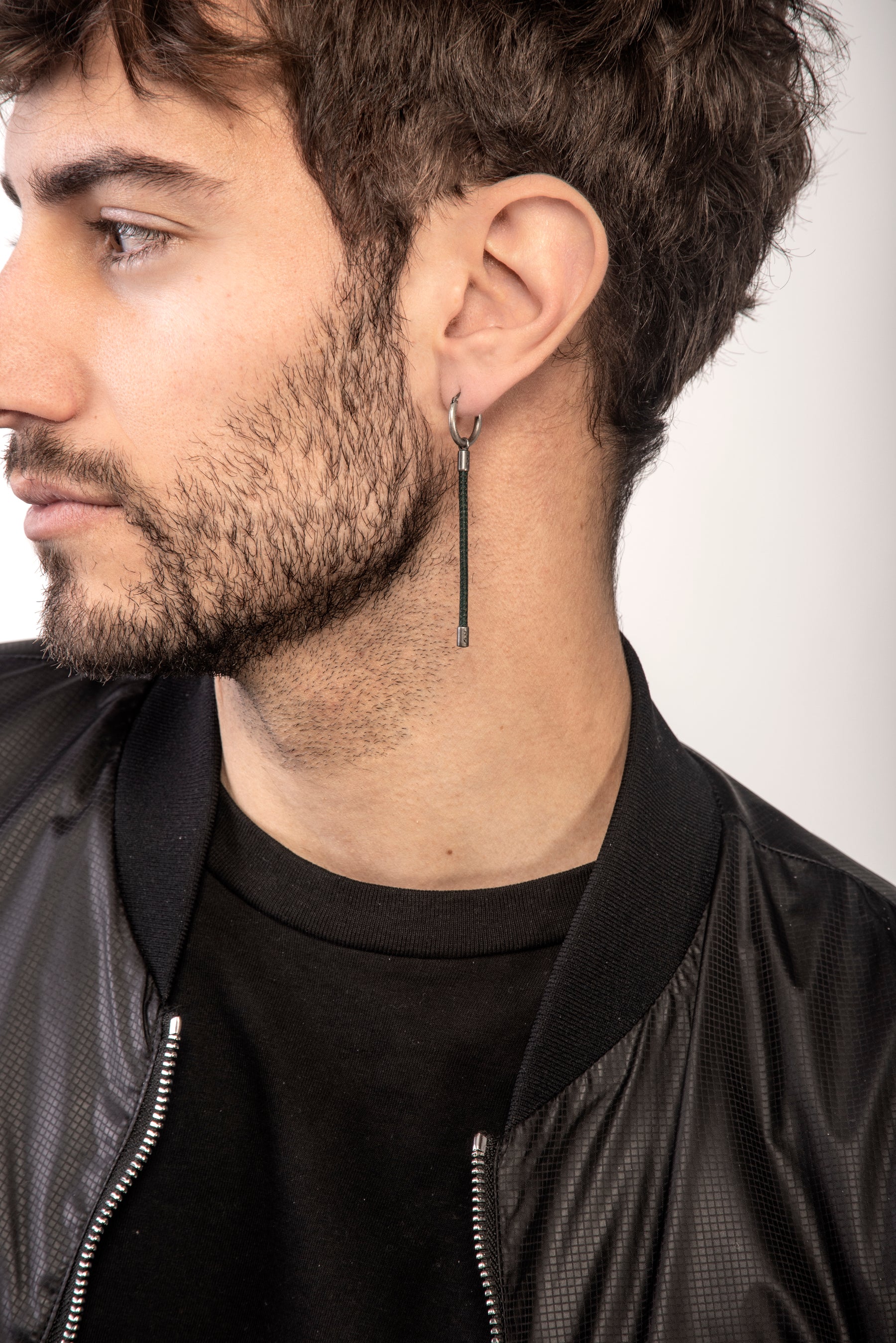 LASH Long Drop Earring, Green Leather-Model View1