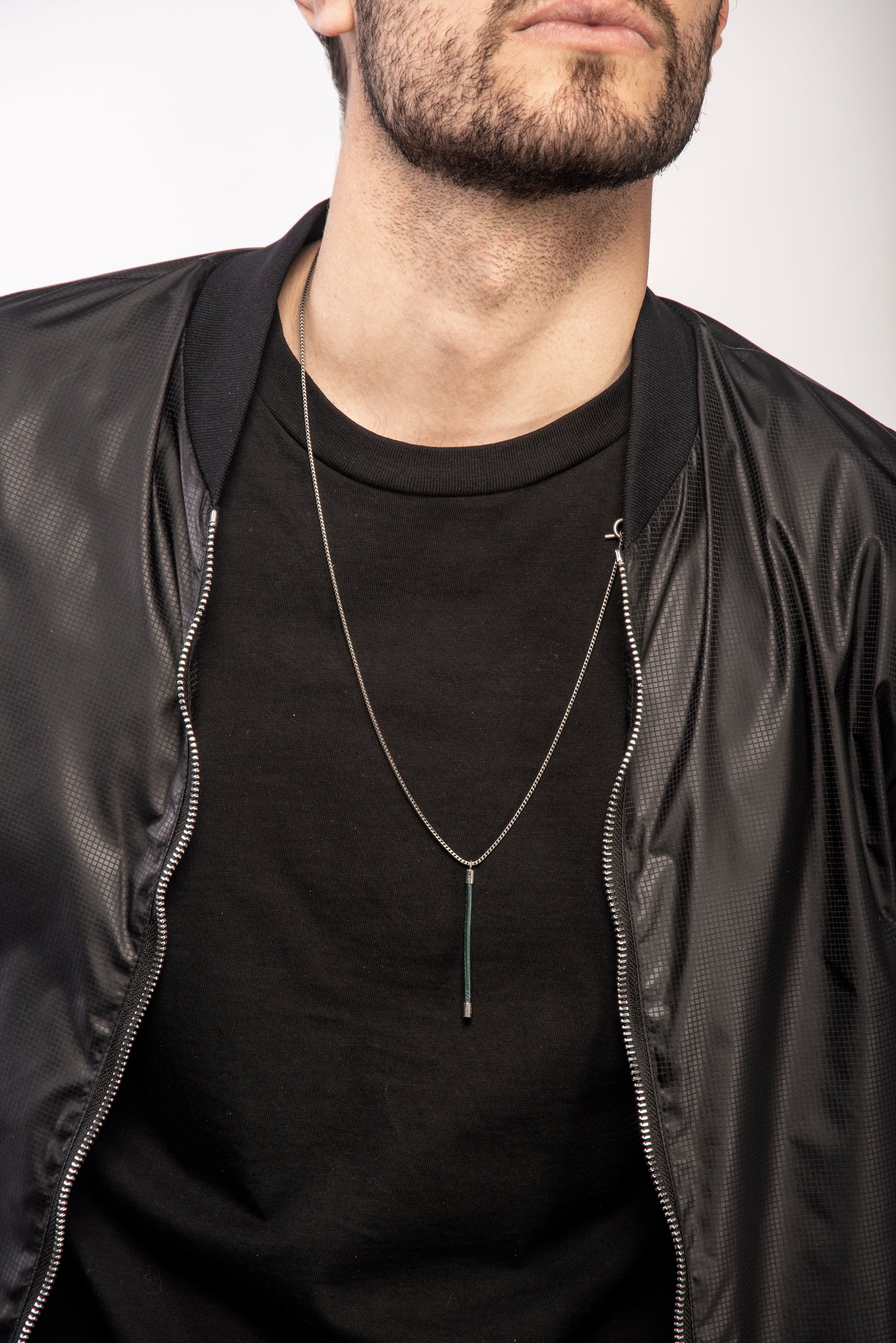 LASH Long Drop Necklace, Green Leather-Model View