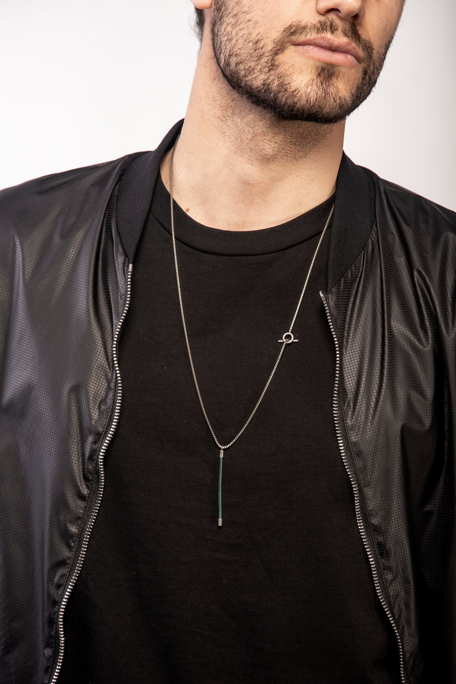 LASH Long Drop Necklace, Green Leather-Model View1