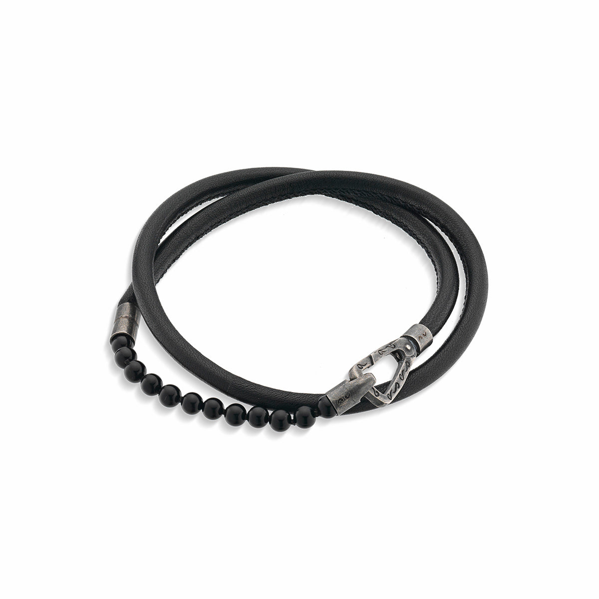 LASH 4 mm Beaded Double Bracelet, Onyx, Back Leather-Straight View