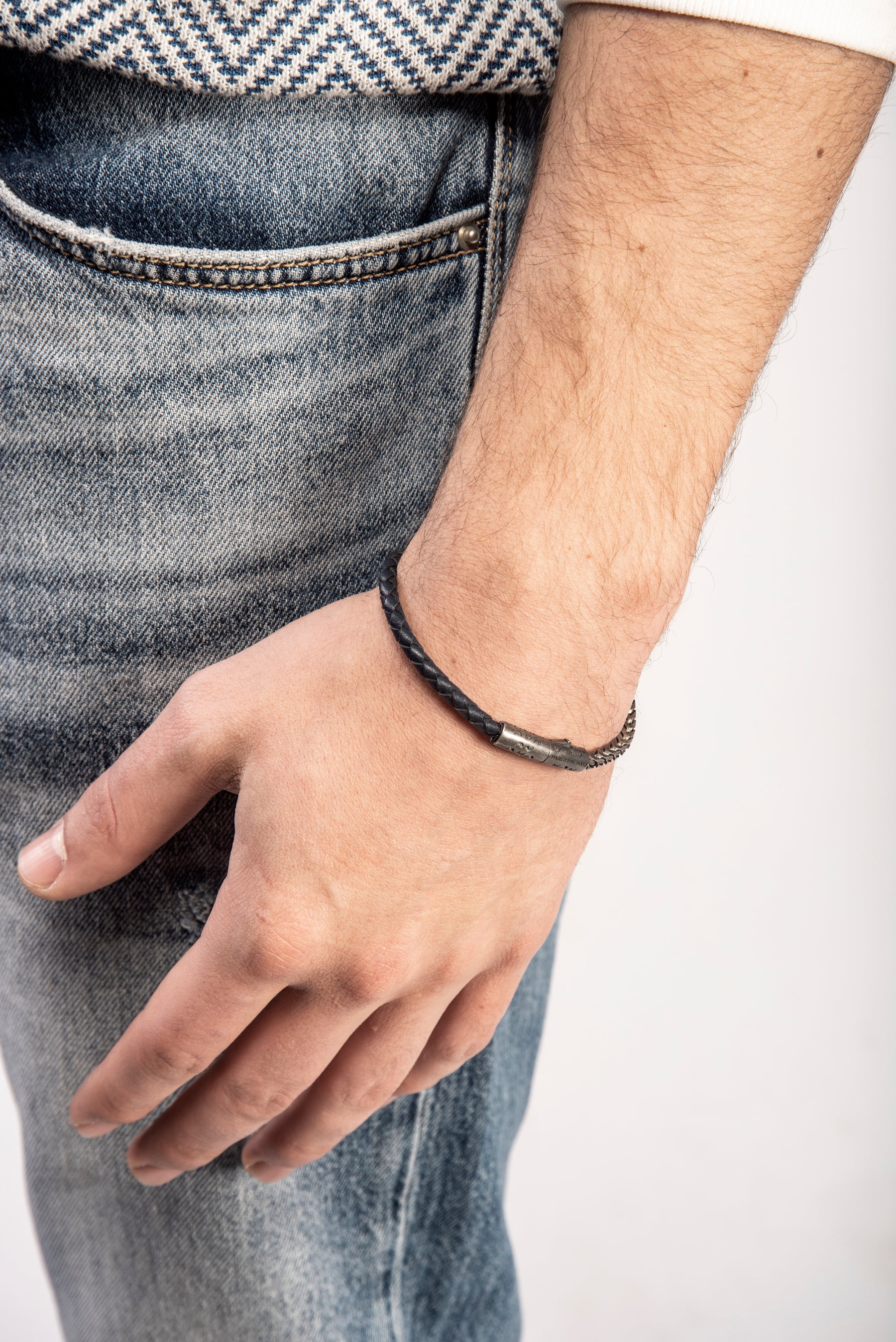 LASH Chain & Braided Leather Bracelet, Silver, Blue Leather-Model View