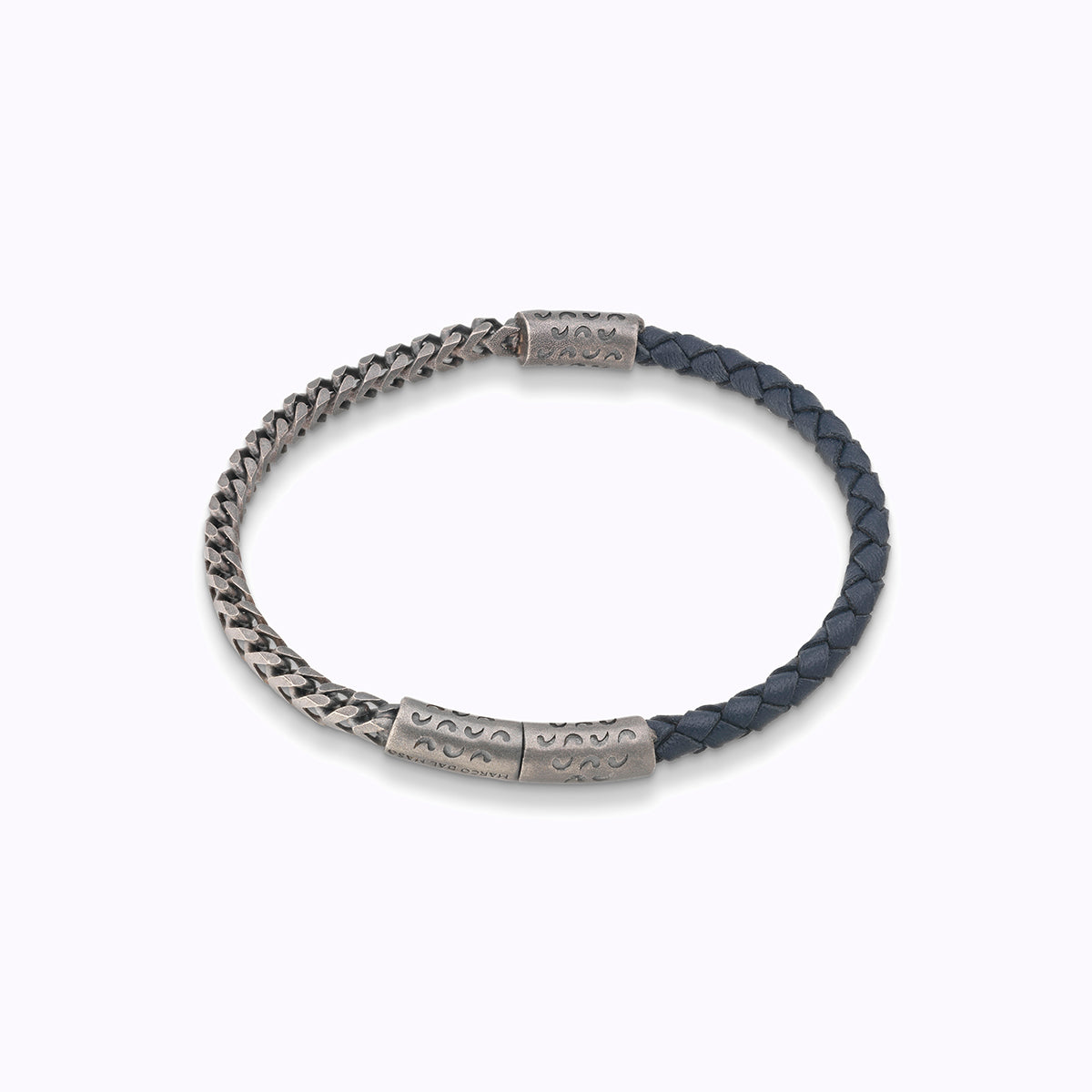 LASH Chain & Braided Leather Bracelet, Silver, Blue Leather-Straight View