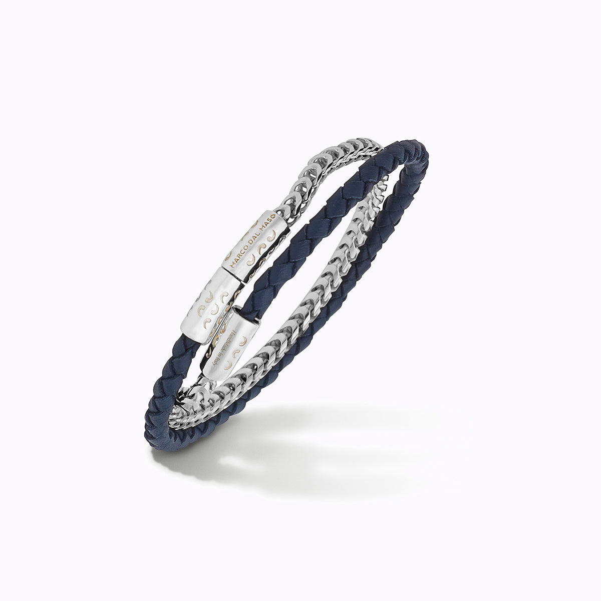 LASH Chain & Braided Leather Bracelet, Polished Silver, Blue Leather-Standard View