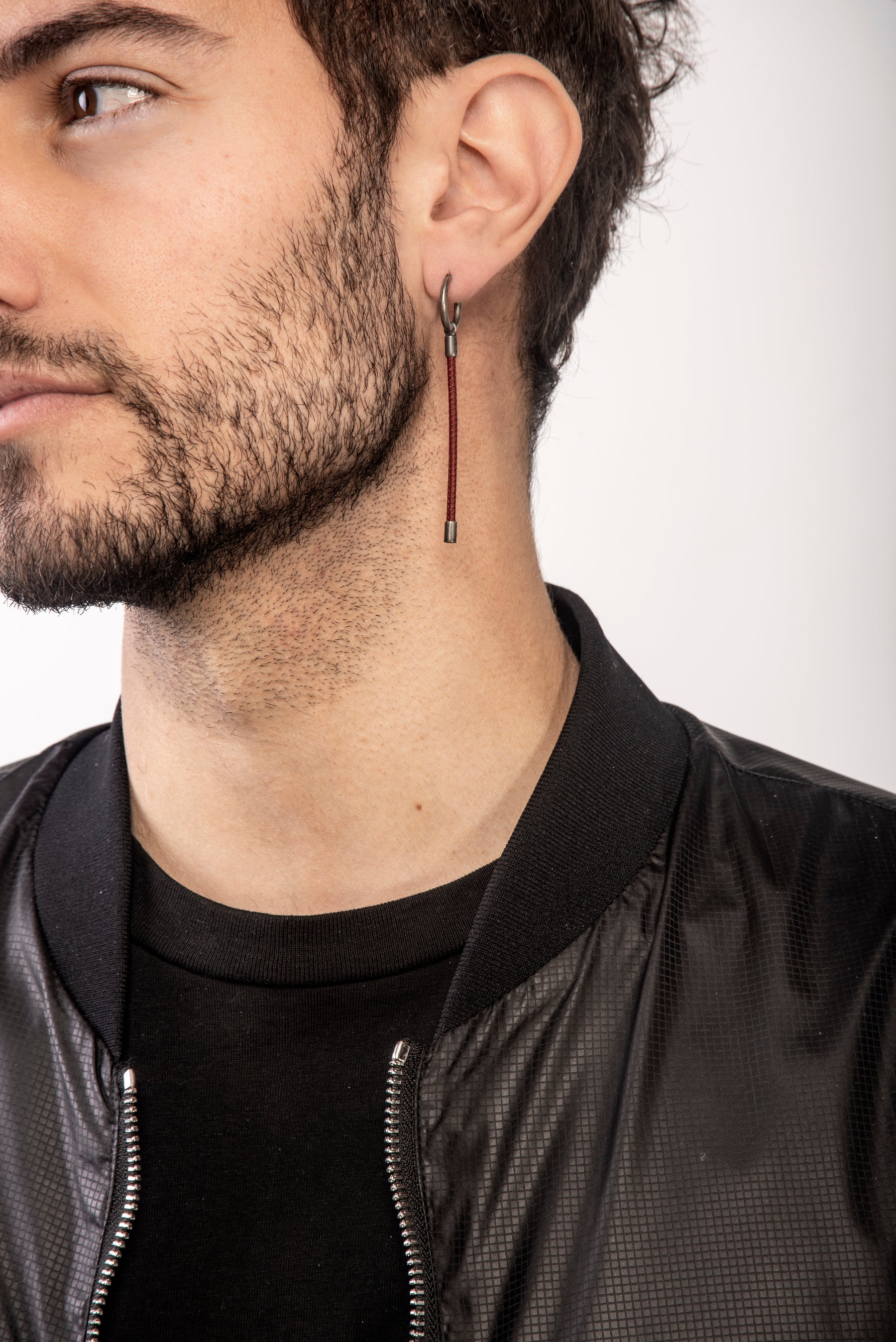 LASH Long Drop Earring, Red Leather-Model View