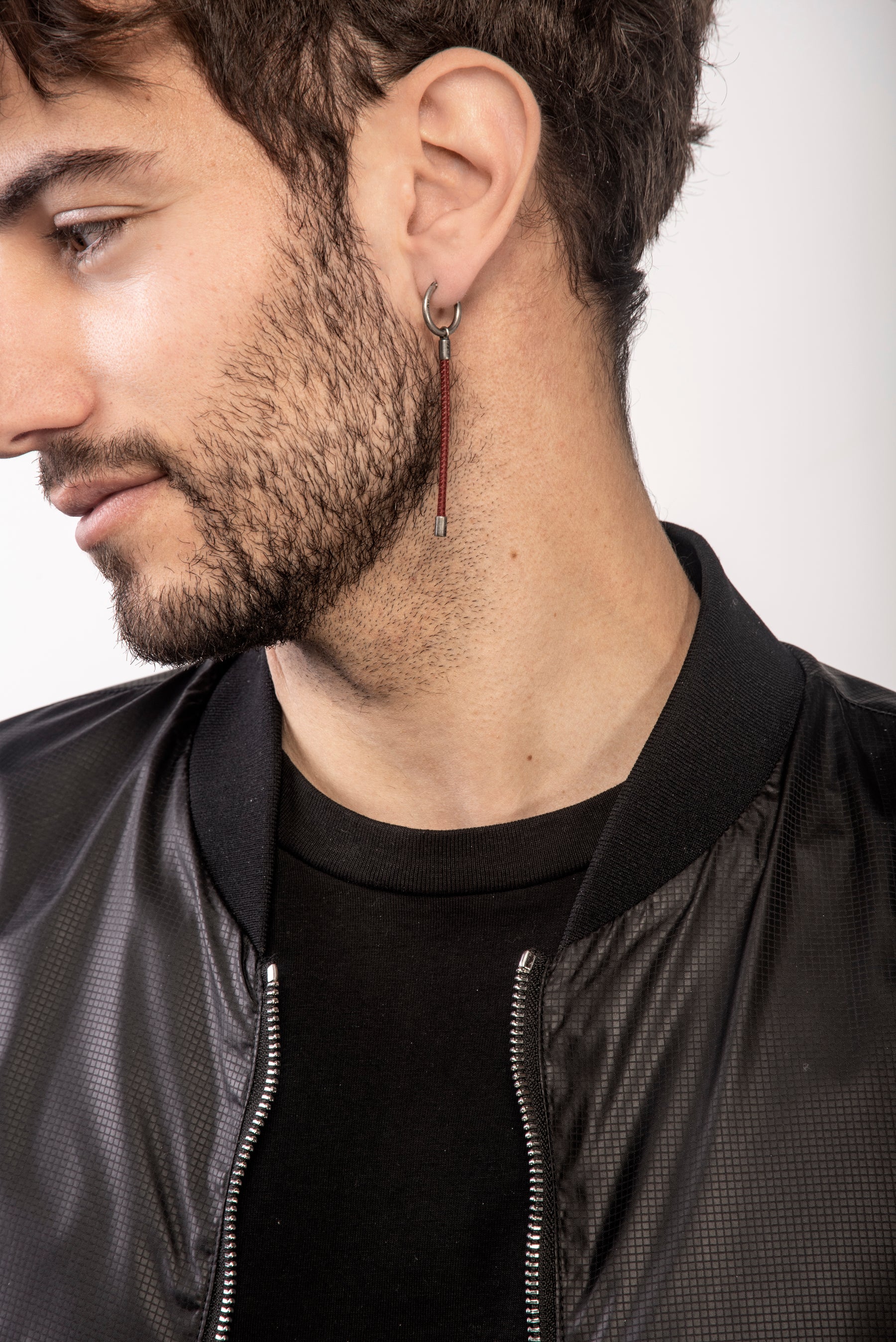 LASH Long Drop Earring, Red Leather-Model View1