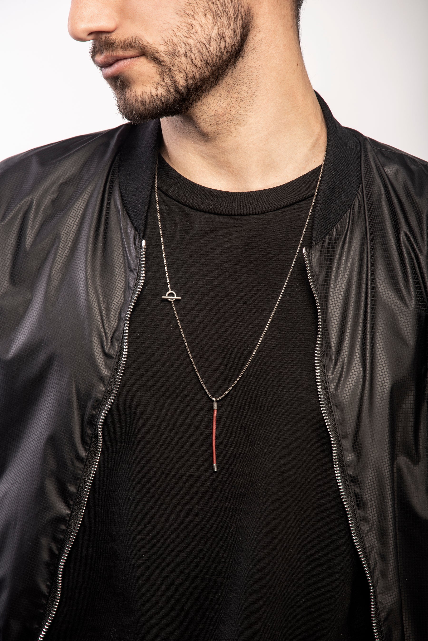 LASH Long Drop Necklace, Red Leather-Model View