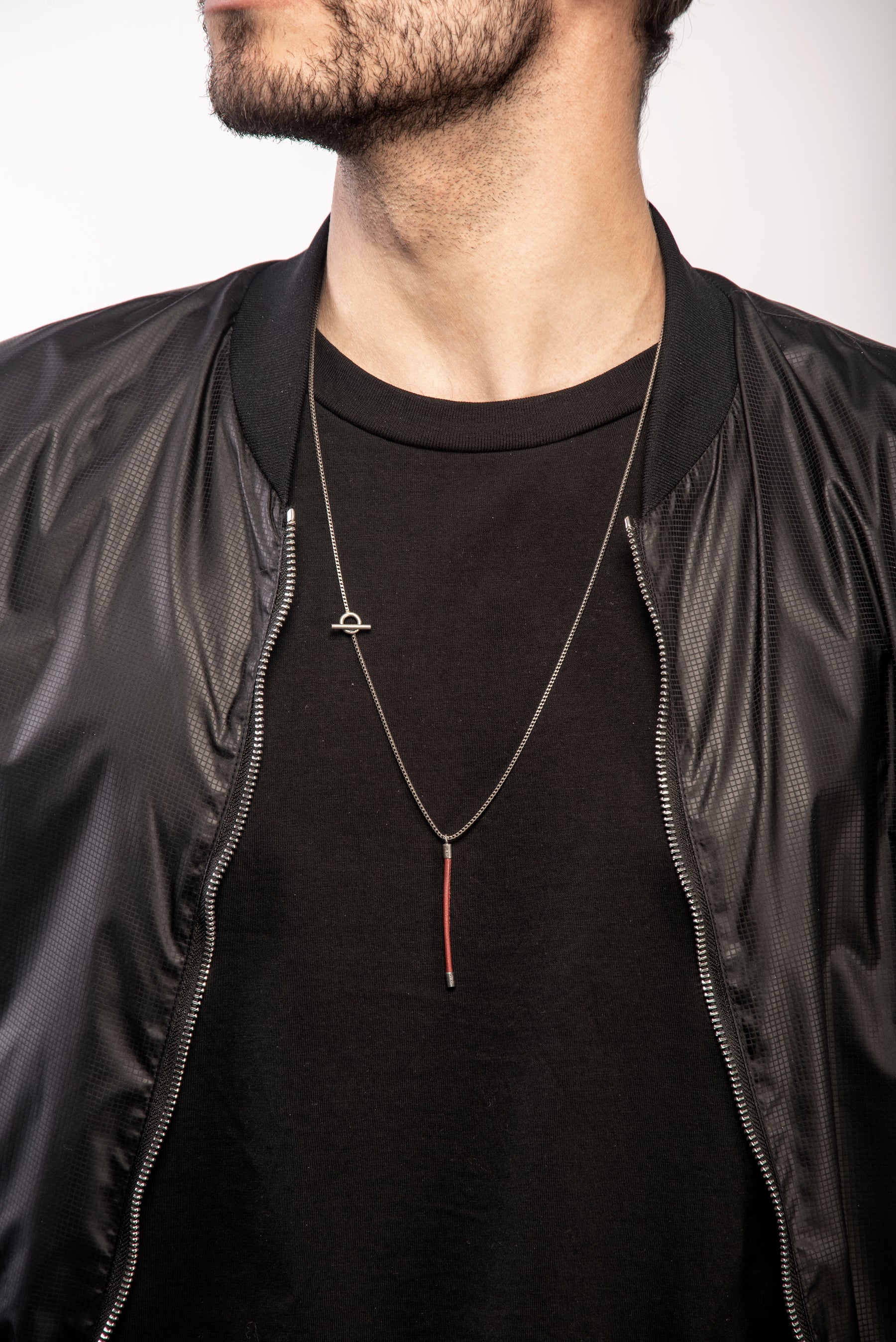 LASH Long Drop Necklace, Red Leather-Model View1