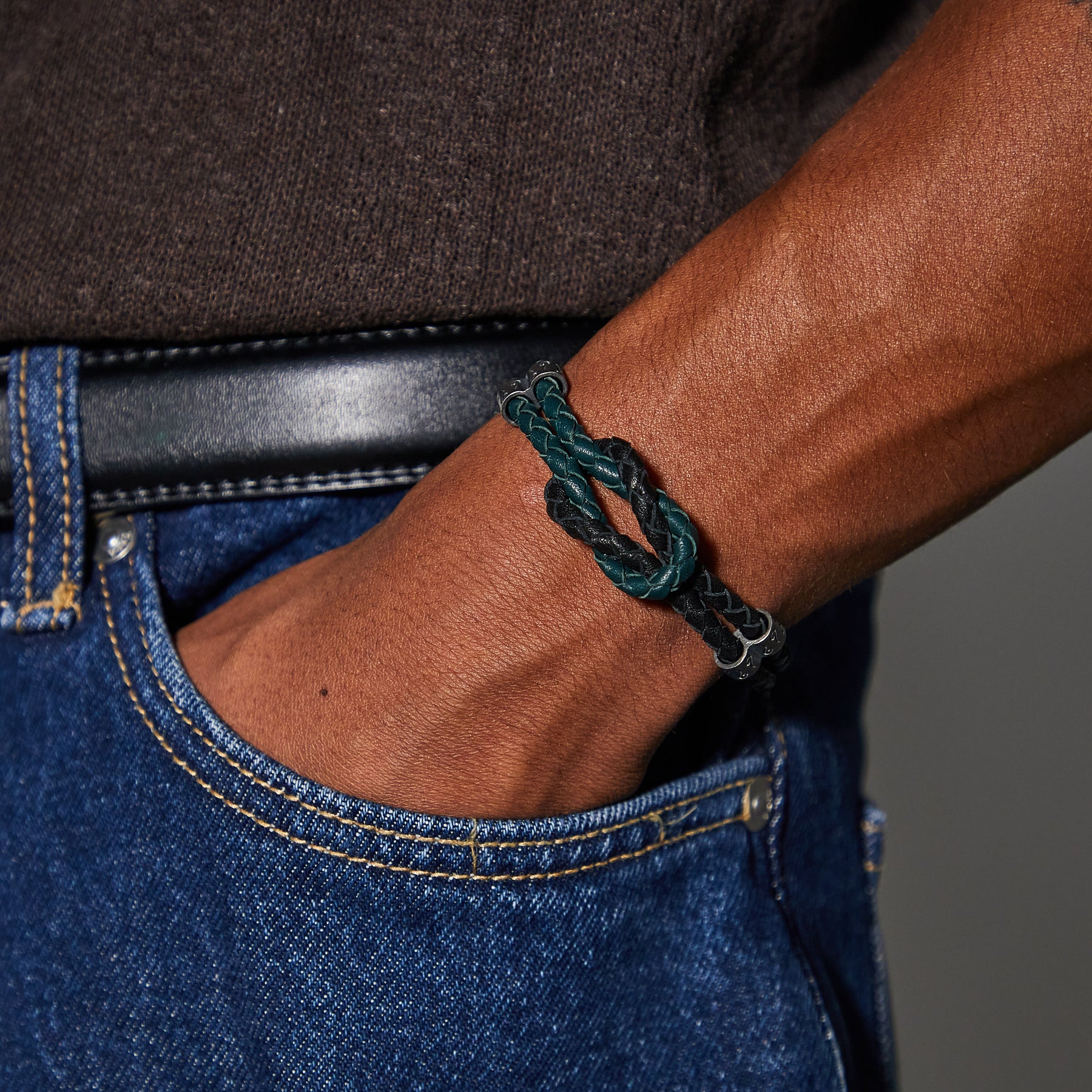LASH Marine Knot & Double Leather Bracelet, Black Leather, Green Leather-Model View