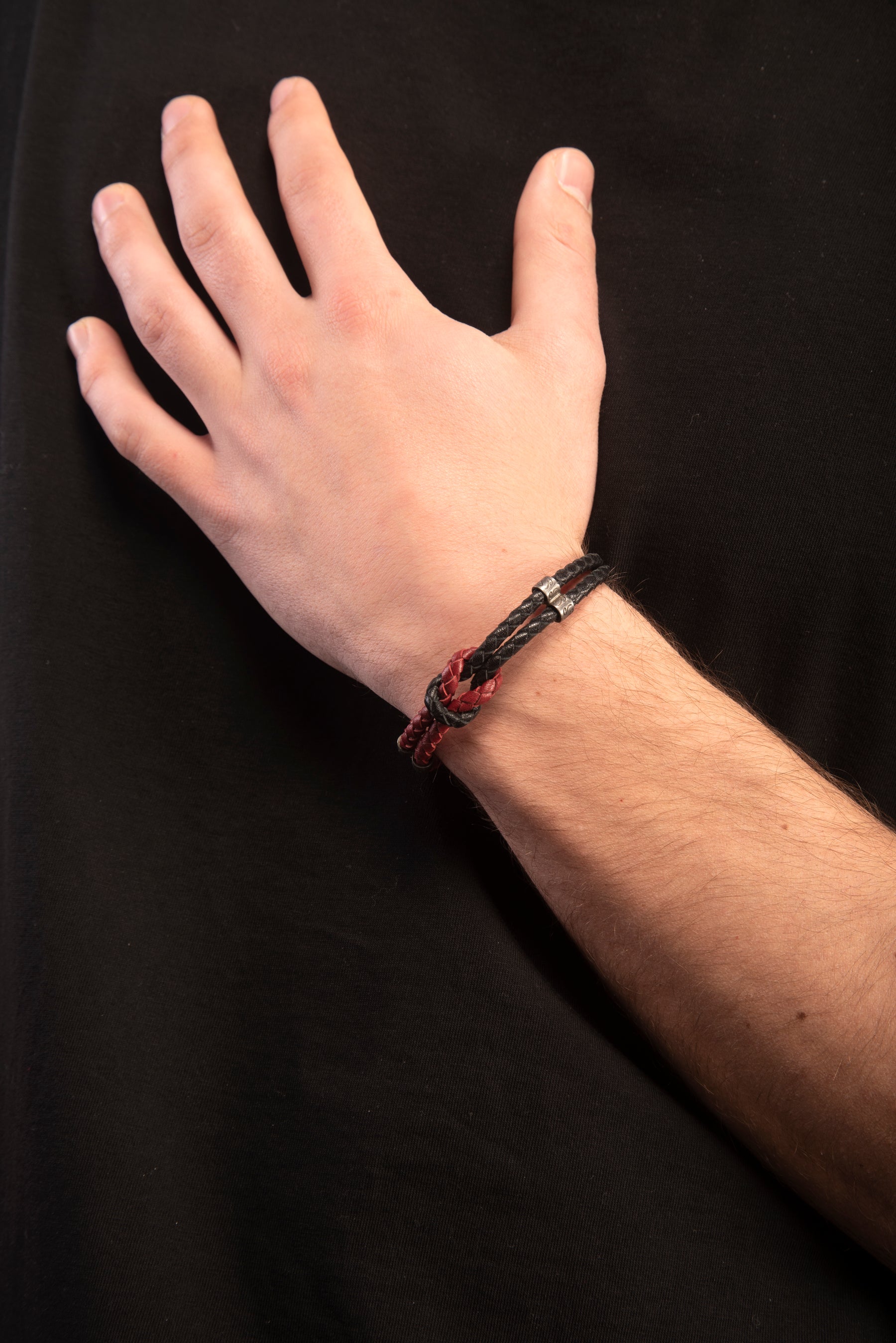 LASH Marine Knot & Double Leather Bracelet, Black Leather, Red Leather-Model View