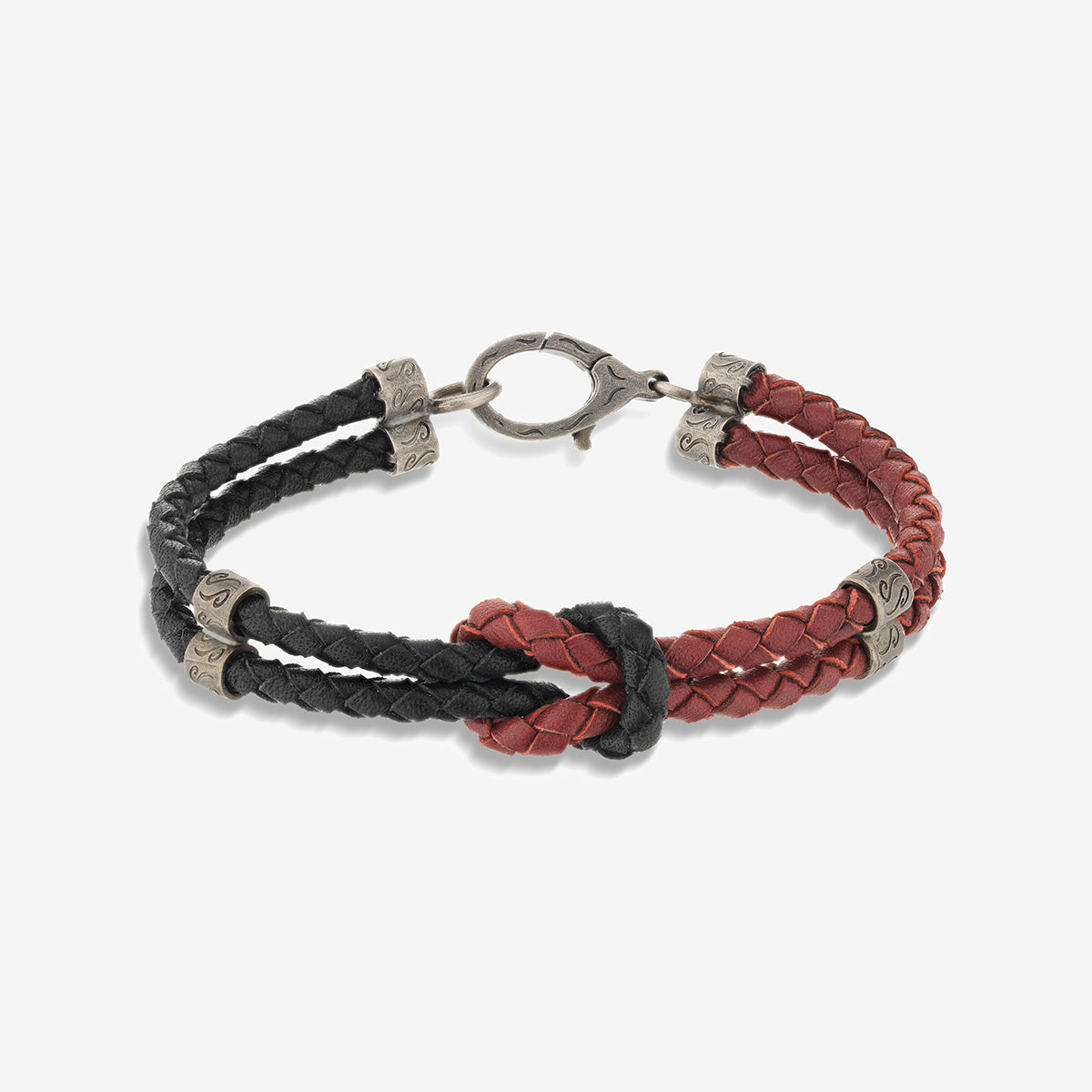 LASH Marine Knot & Double Leather Bracelet, Black Leather, Red Leather-Straight View