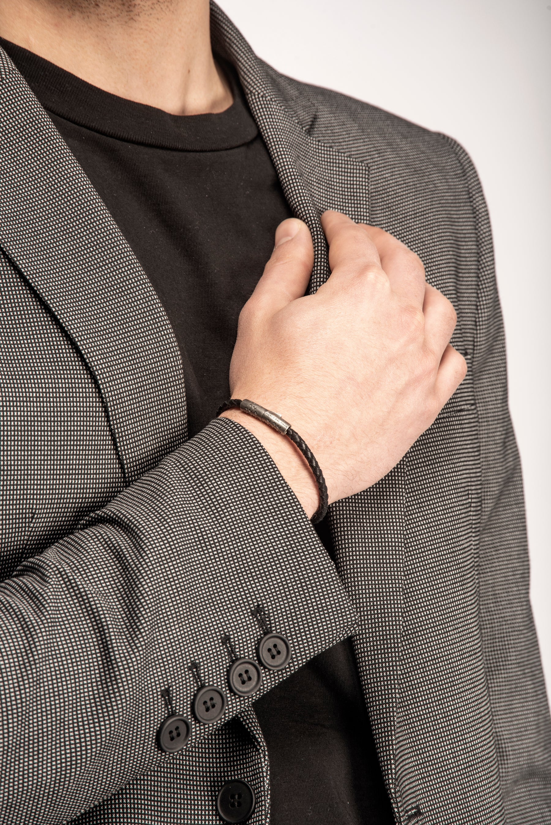 LASH Slim Cylinder Clasp Bracelet, Silver, Black Leather-Model View
