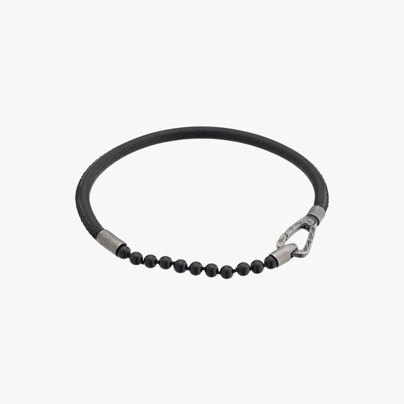 Black beaded bracelet with a carabiner clasp on a white background