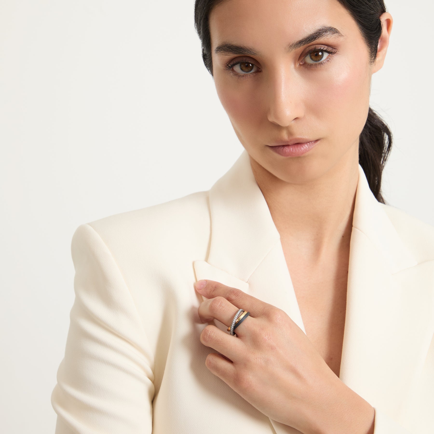 Model wearing Eclipse Enquinox Ring shown in styled position