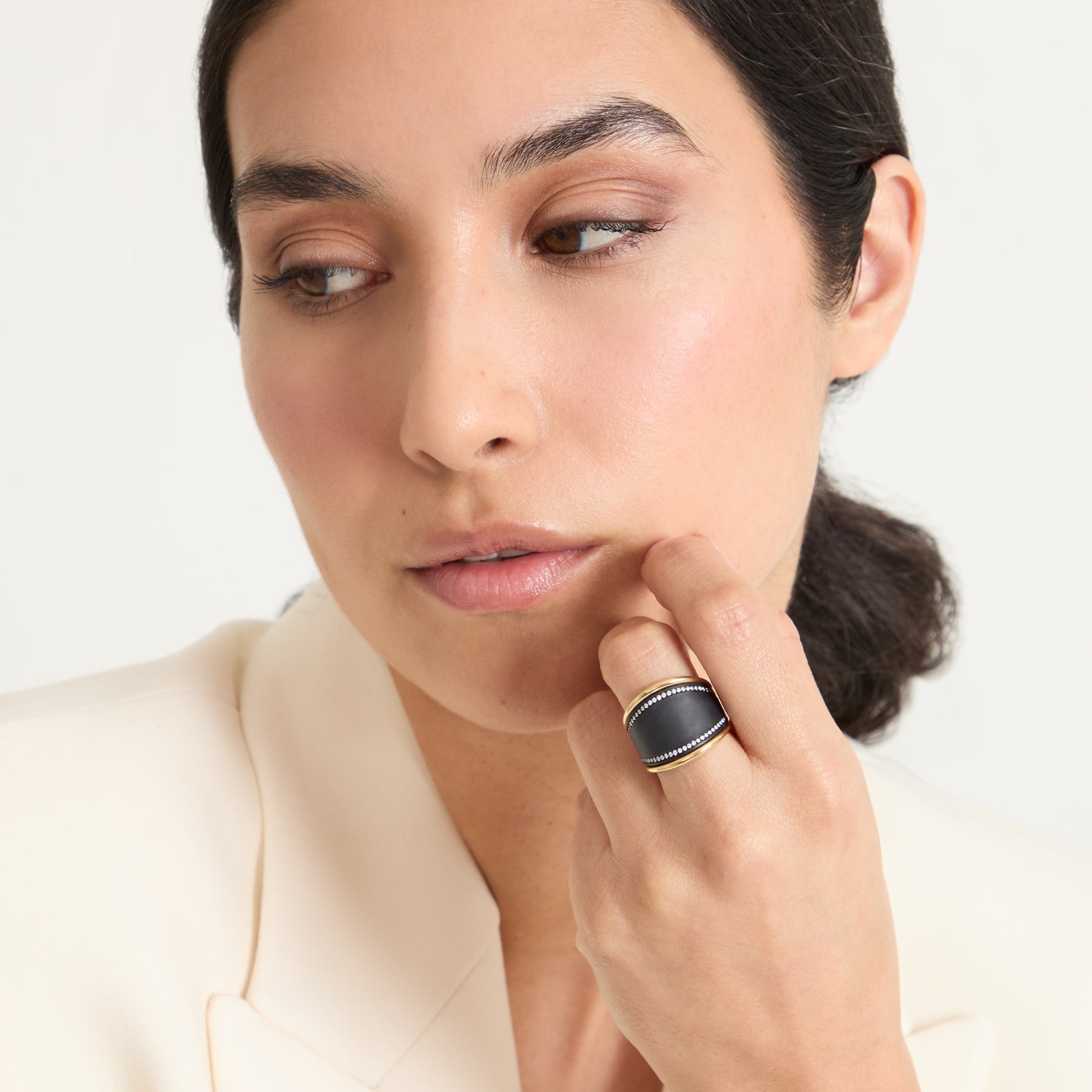 Model wearing Eclipse Dawn Ring shown in styled position