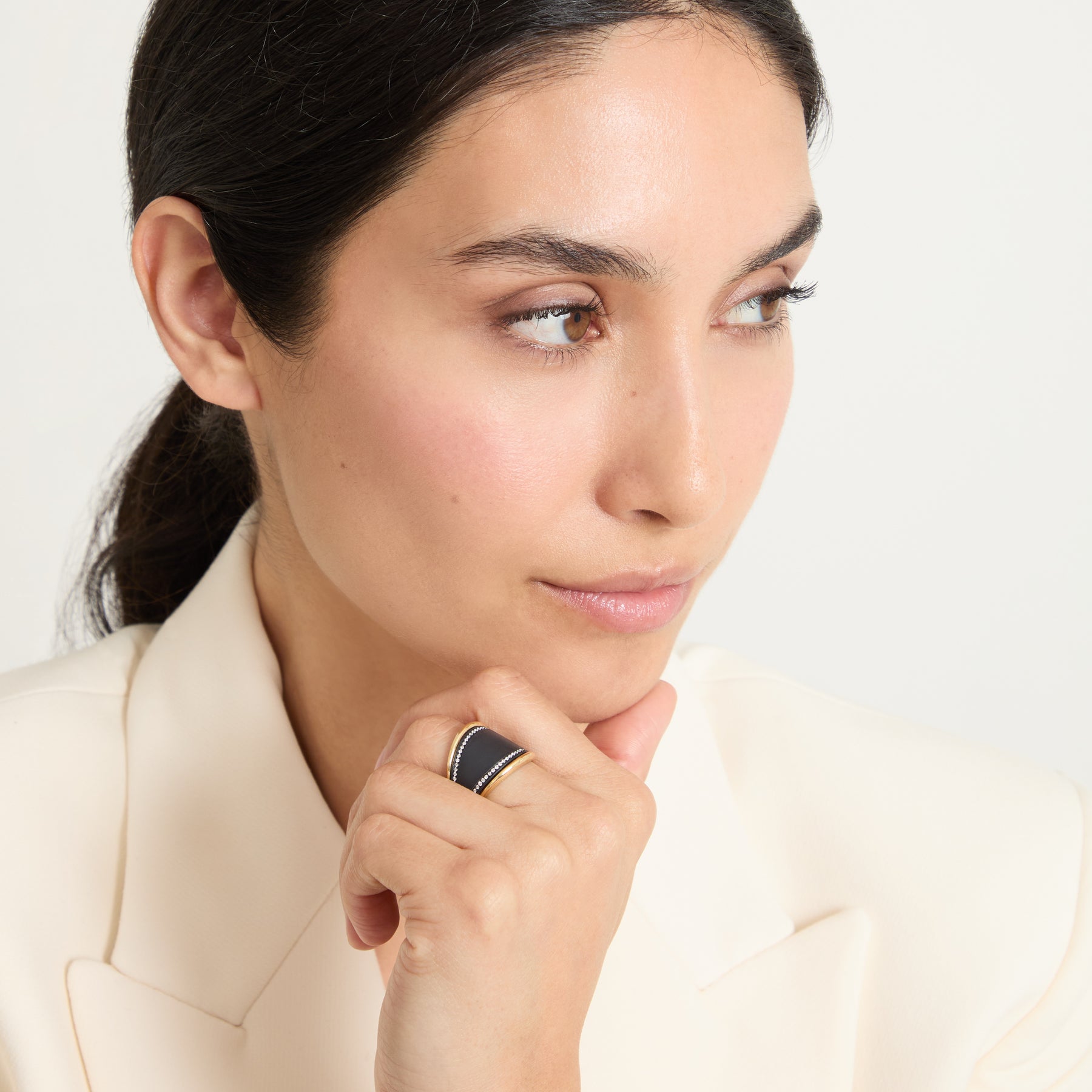 Model wearing Eclipse Dawn Ring shown in styled position