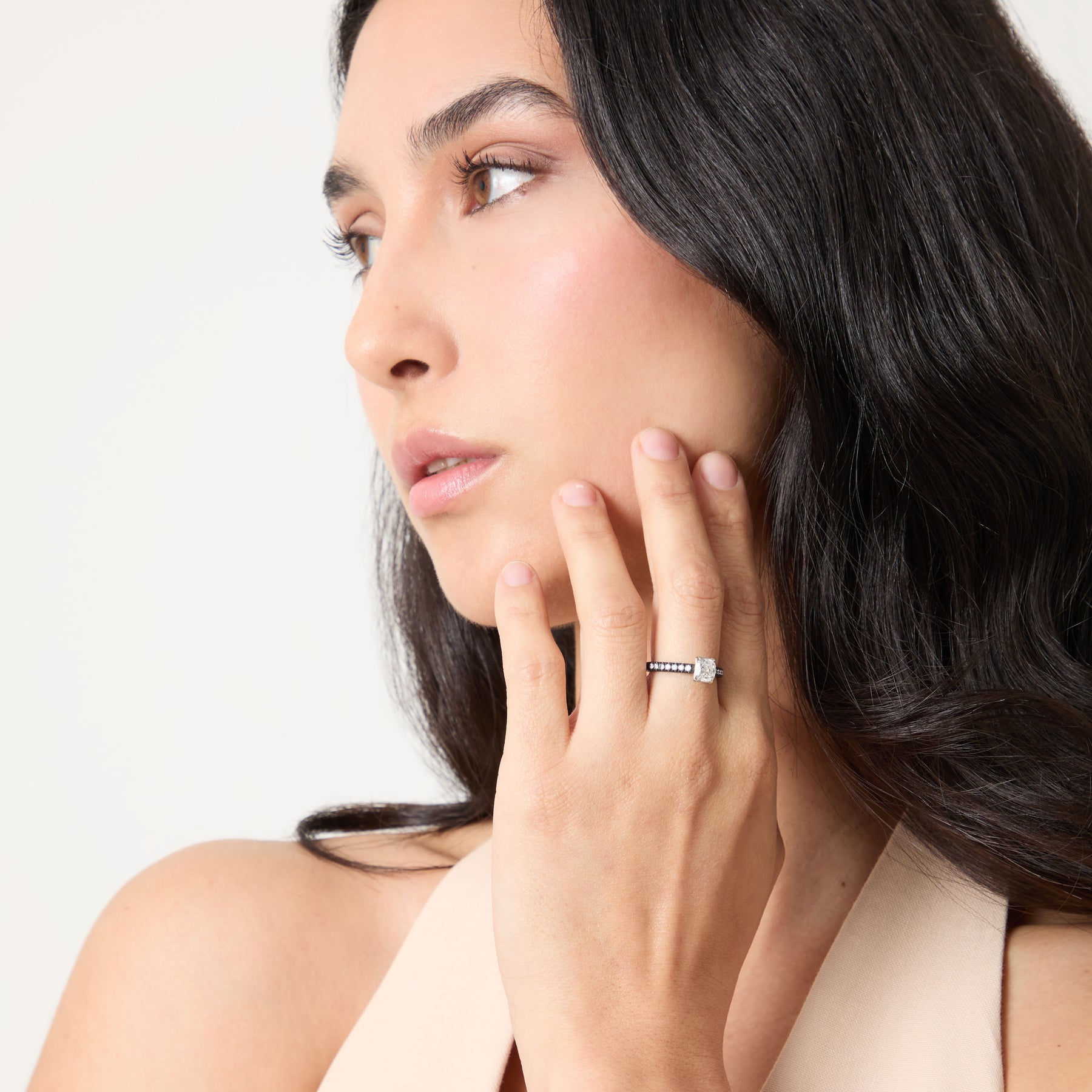 Model wearing Eclipse Celeste Ring shown in styled position