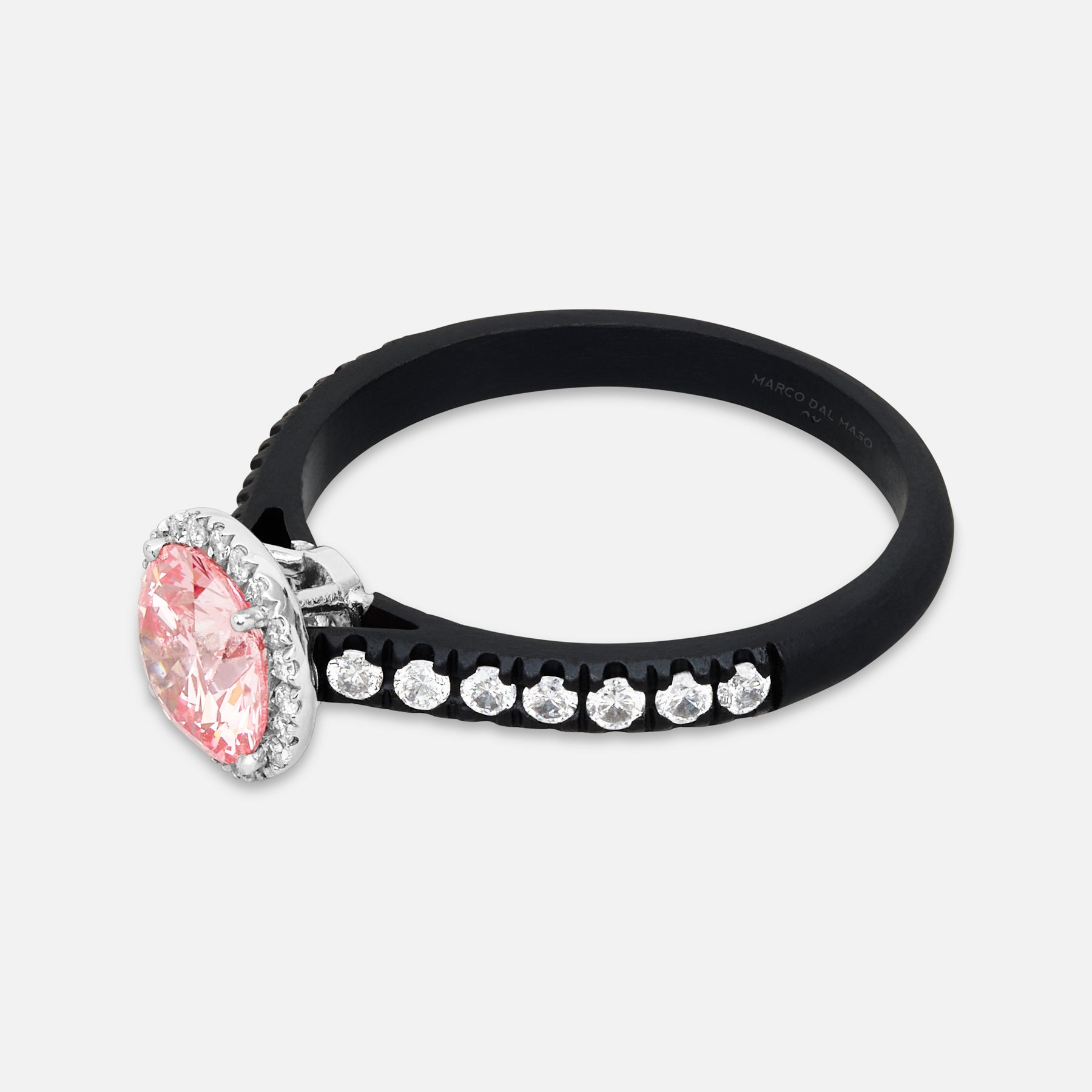 Close-up of pink diamond details on Eclipse Luna Halo Ring