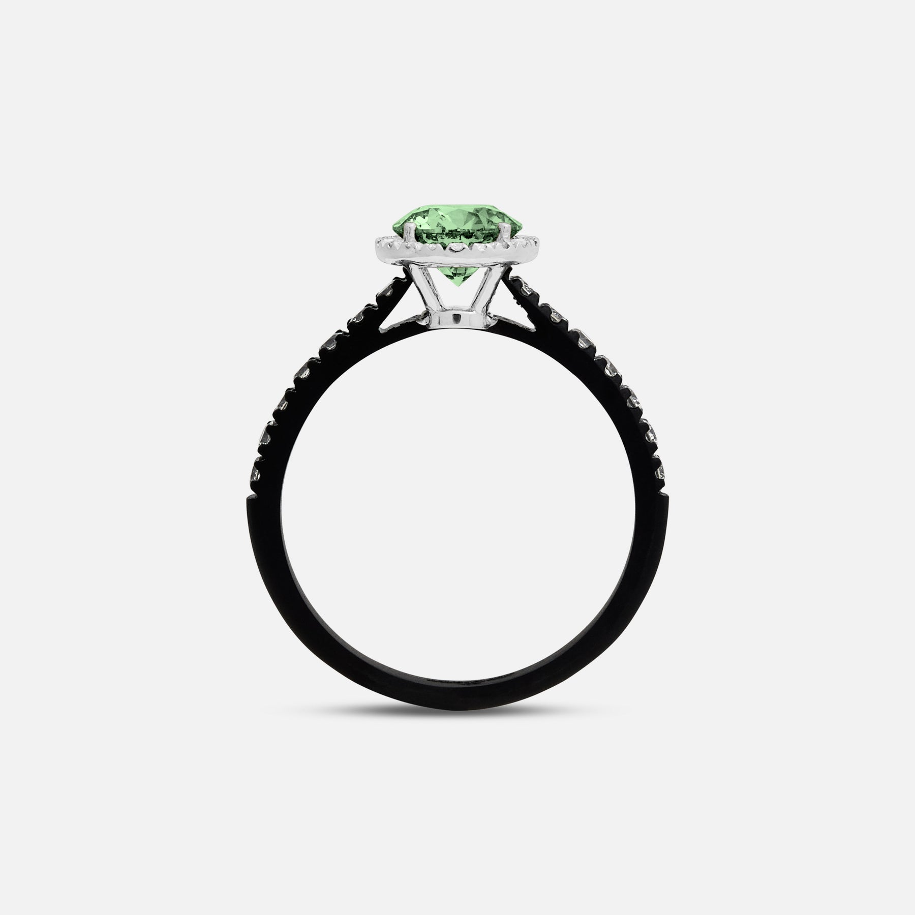 Green Diamond setting on Eclipse Luna Halo Ring shown at angle