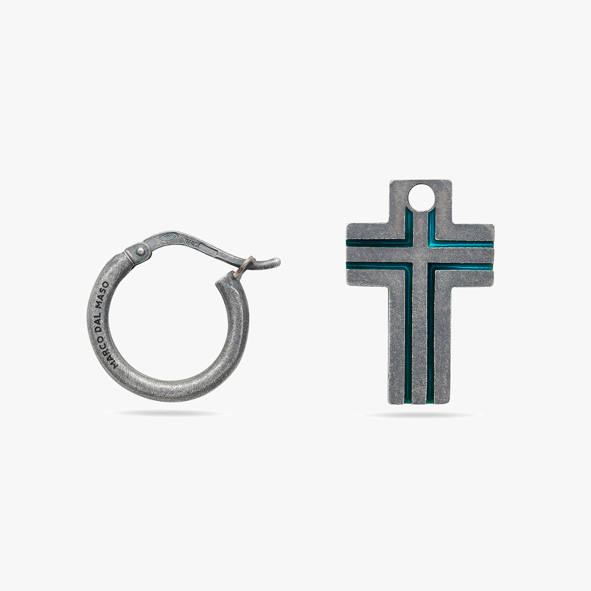The Cross Double Enamel Earring, Oxidized Silver, Green Enamel-Close View