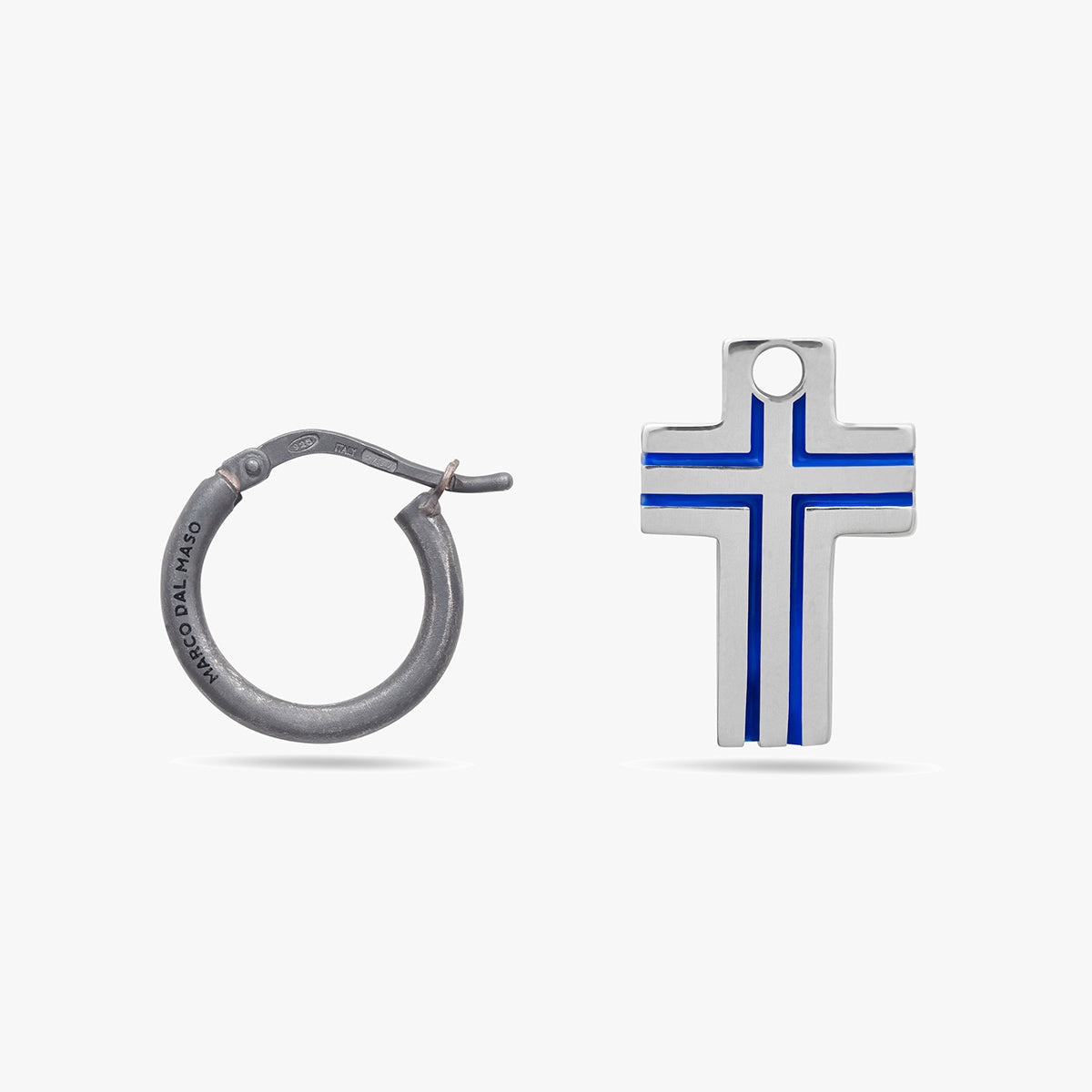 The Cross Double Enamel Earring, Polished Silver, Oxidized Silver, Blue Enamel-Close View