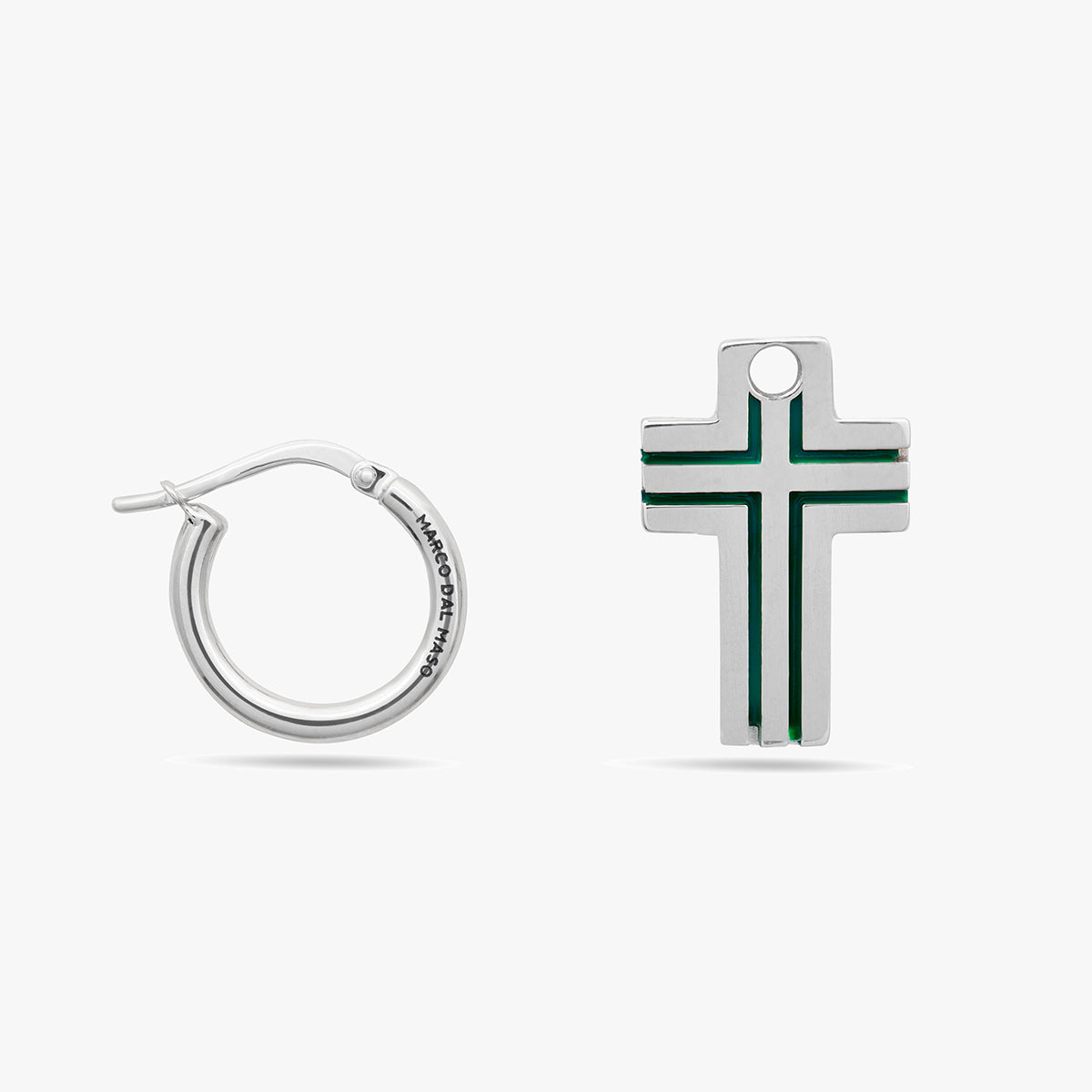 The Cross Double Enamel Earring, Polished Silver, Green Enamel-Close View