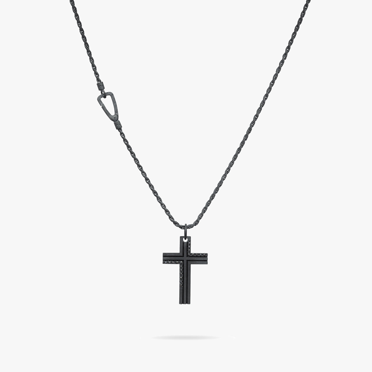 THE CROSS Enamel and Diamond Necklace, Oxidized Silver, Black Diamond, Black Enamel-Straight View