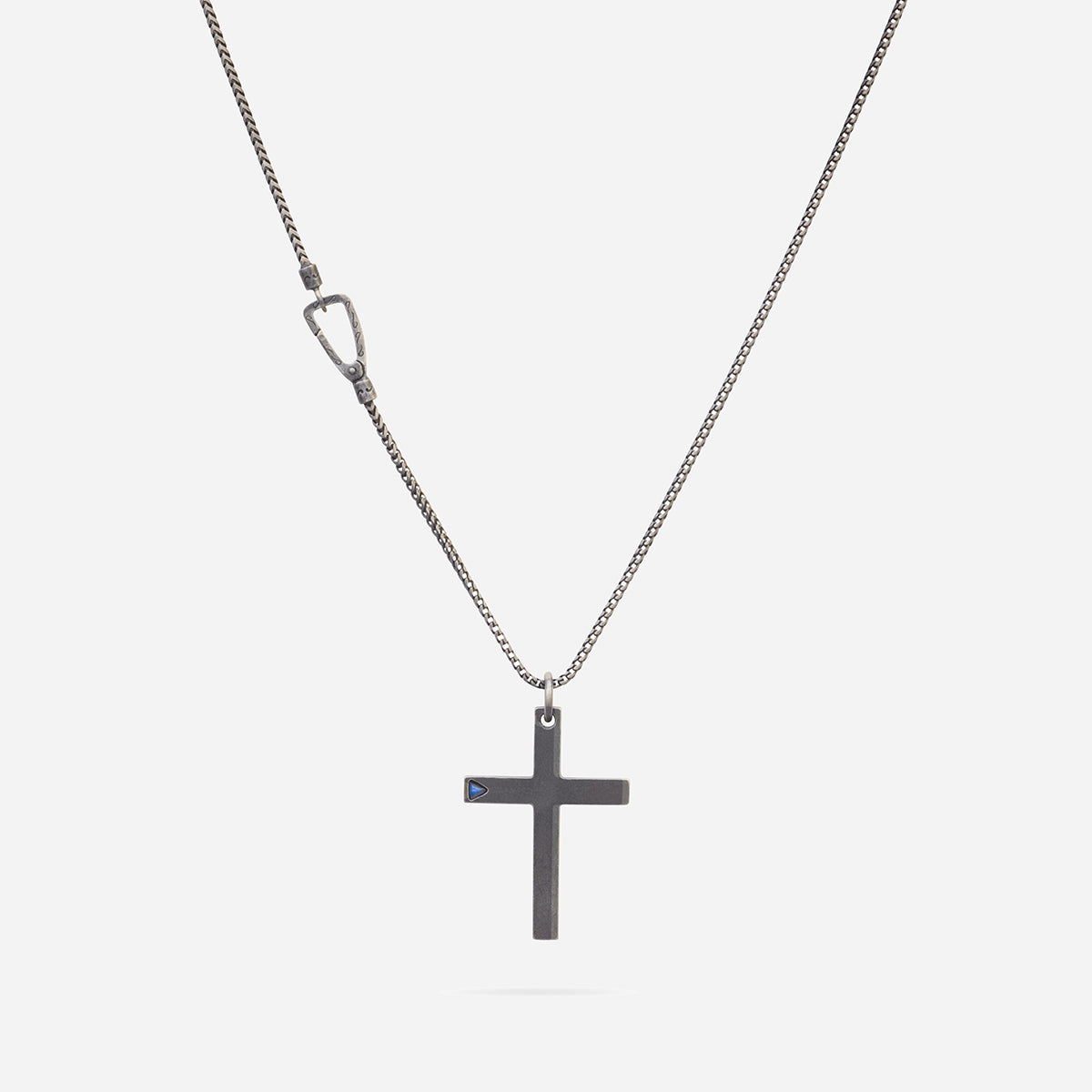 THE CROSS Latin Pendant with Stone, Oxidized Silver, Blue Sapphire-Straight View 1