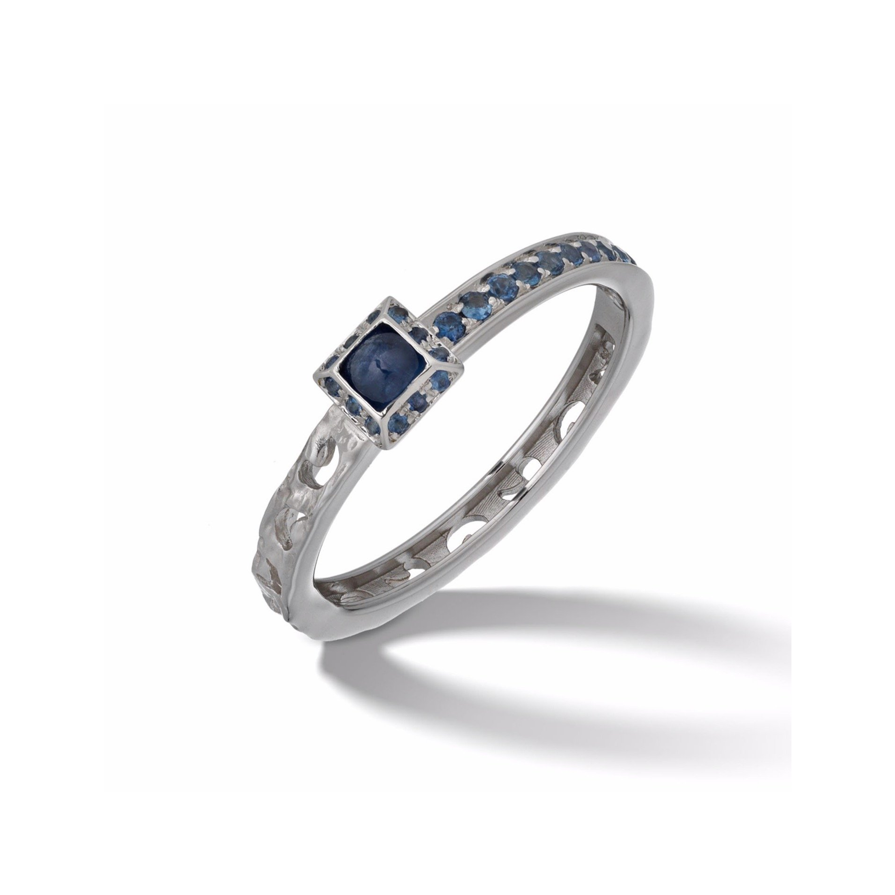 Orion Ring with Pave Blue Sapphires & Square Halo