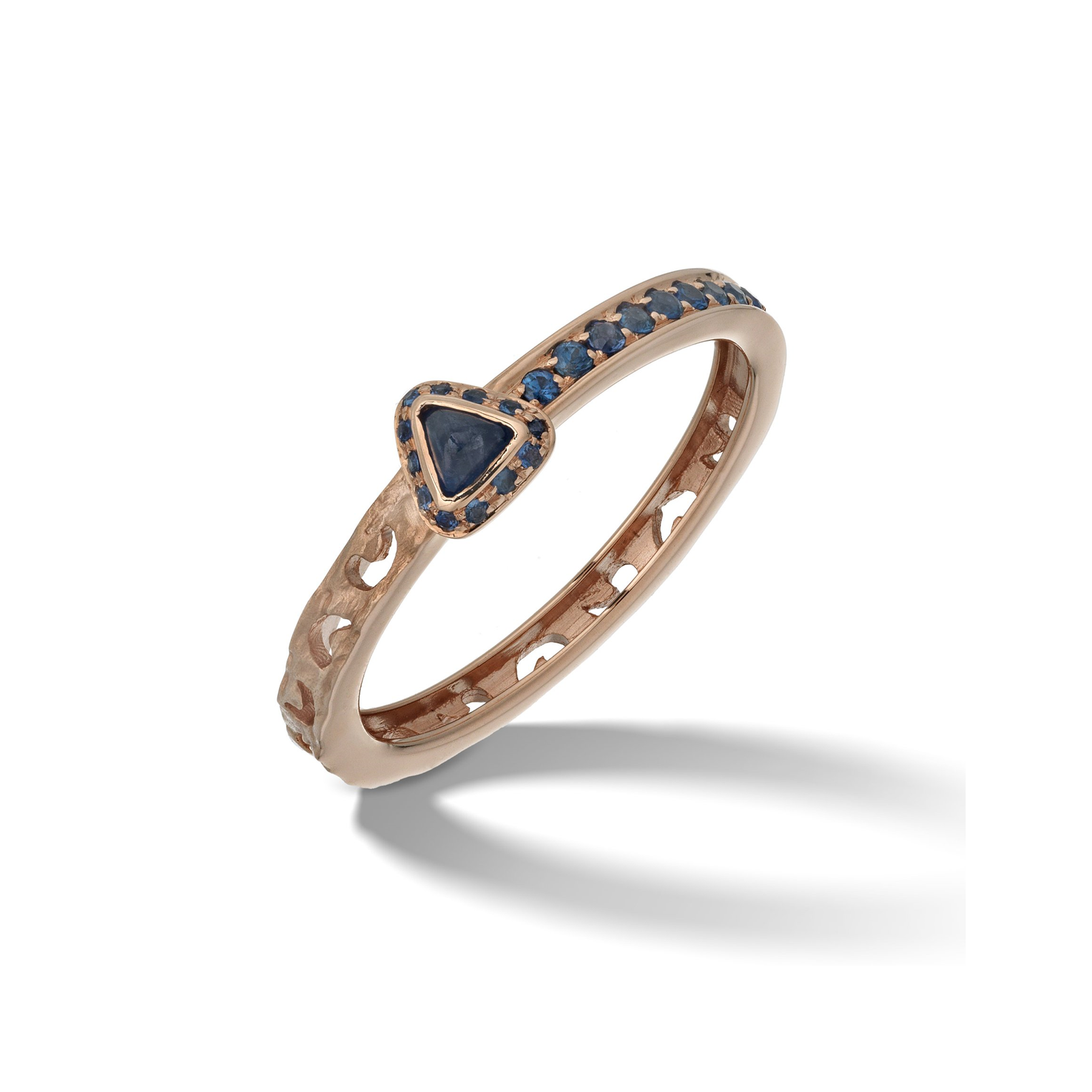 Orion Blue Sapphires Ring in Rose Gold & Triangle Halo