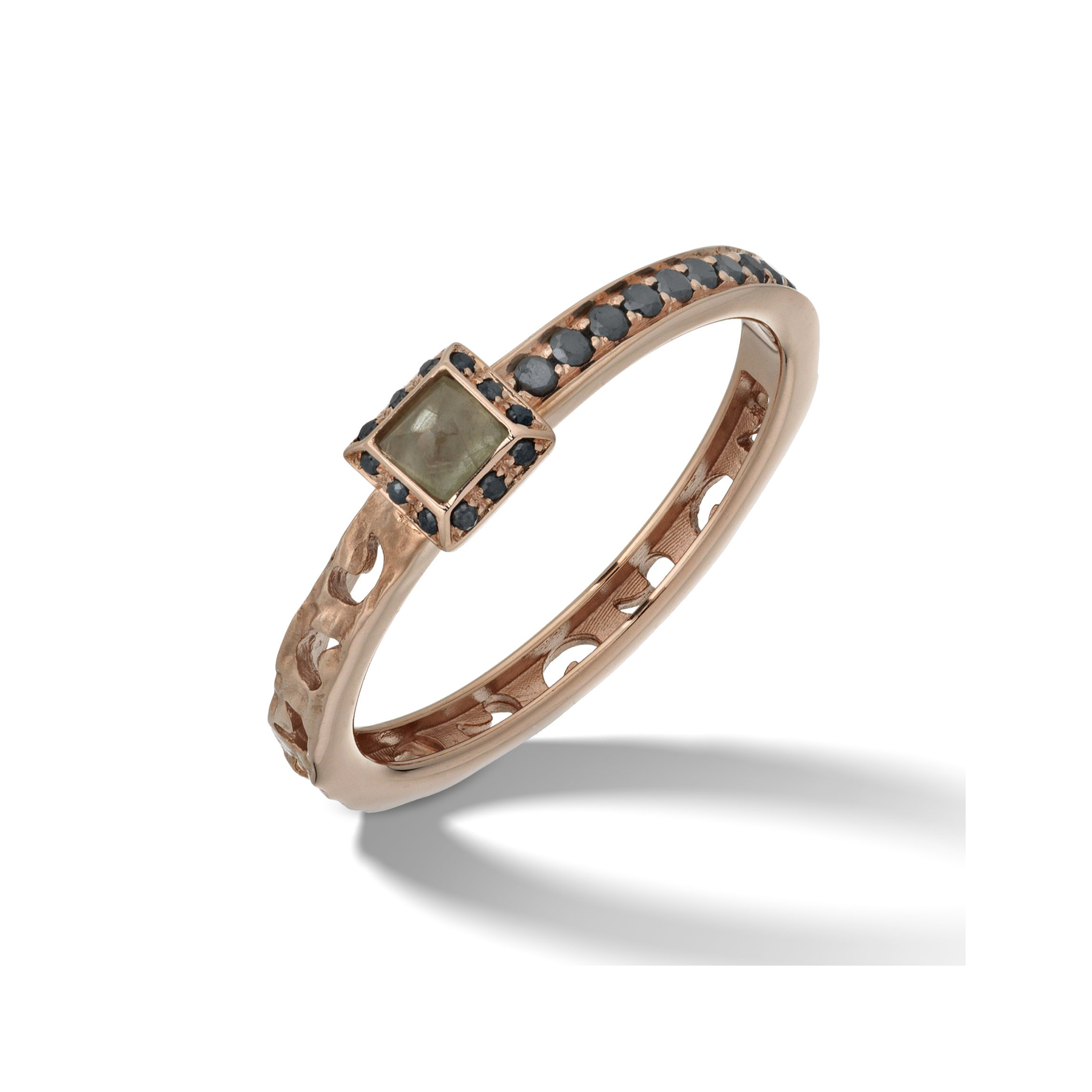 Orion Rose Gold Ring with Black Diamonds & Square Sapphire Halo