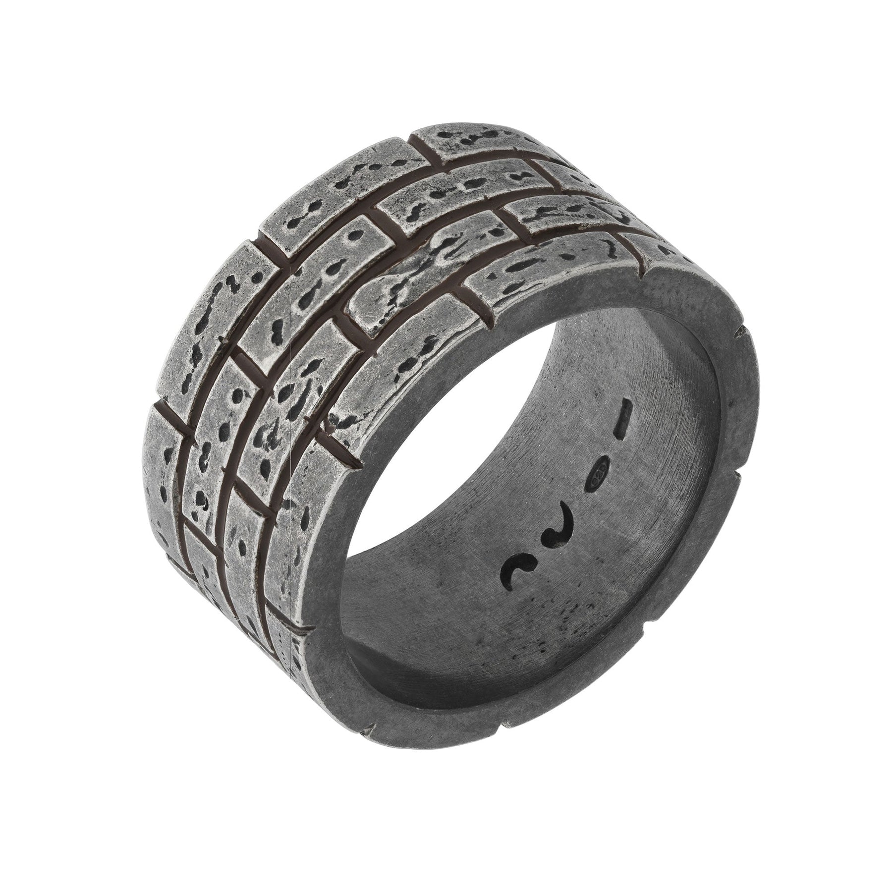MURALES Oxidized Silver Wide Ring with Brown Enamel