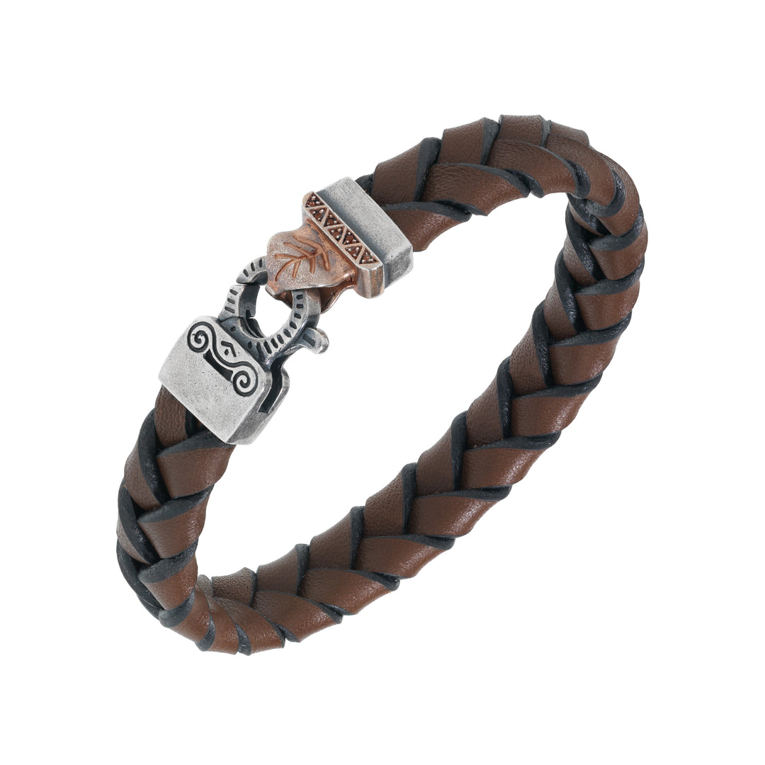FLAMING TONGUE 18K Rose Gold Vermeil and Oxidized Bracelet with brown leather & orange sapphires