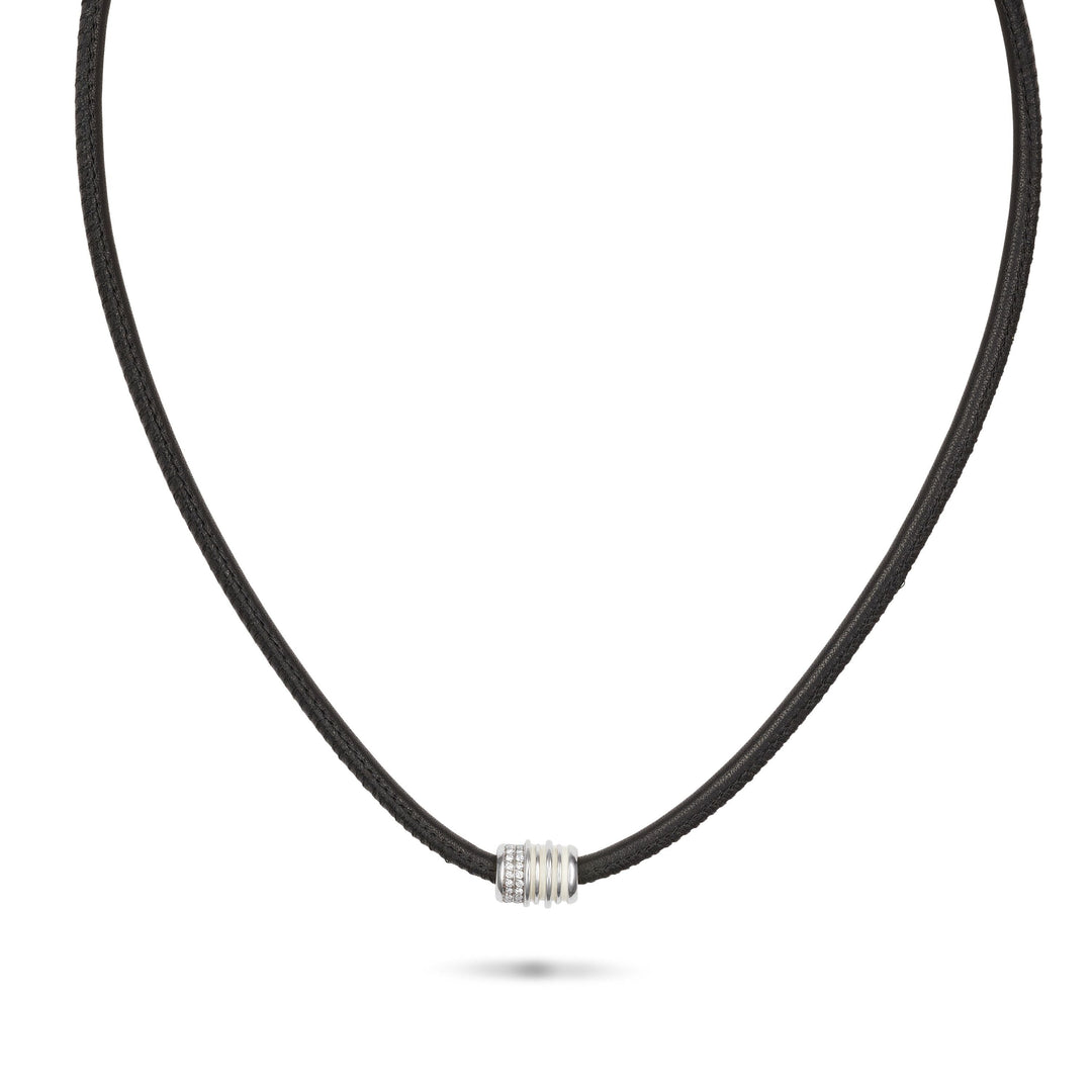 Acies Roller Silver Neckalce With Black Diamonds with White Diamonds ct.0,34, ivory enamel and black leather