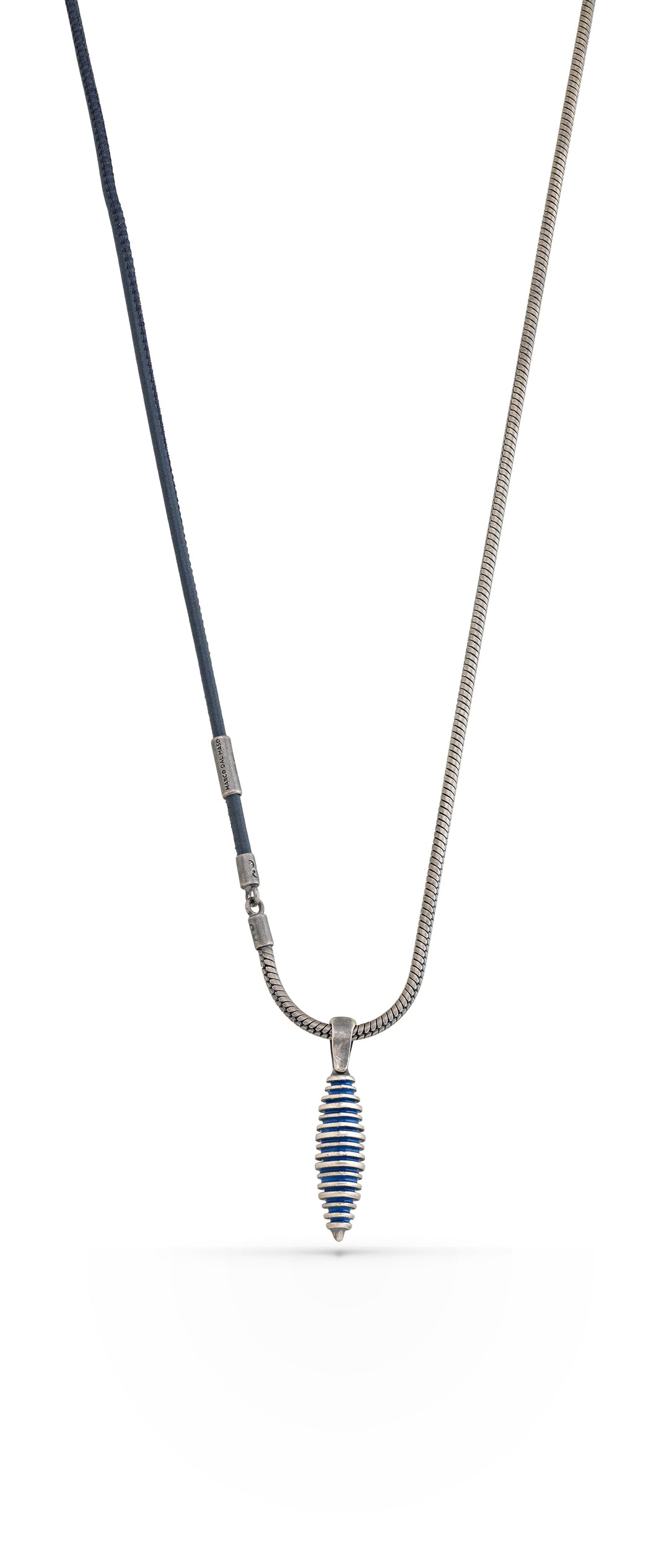 ACIES Cocoon Oxidized Silver and Blue Leather Pendant with Blue Enamel