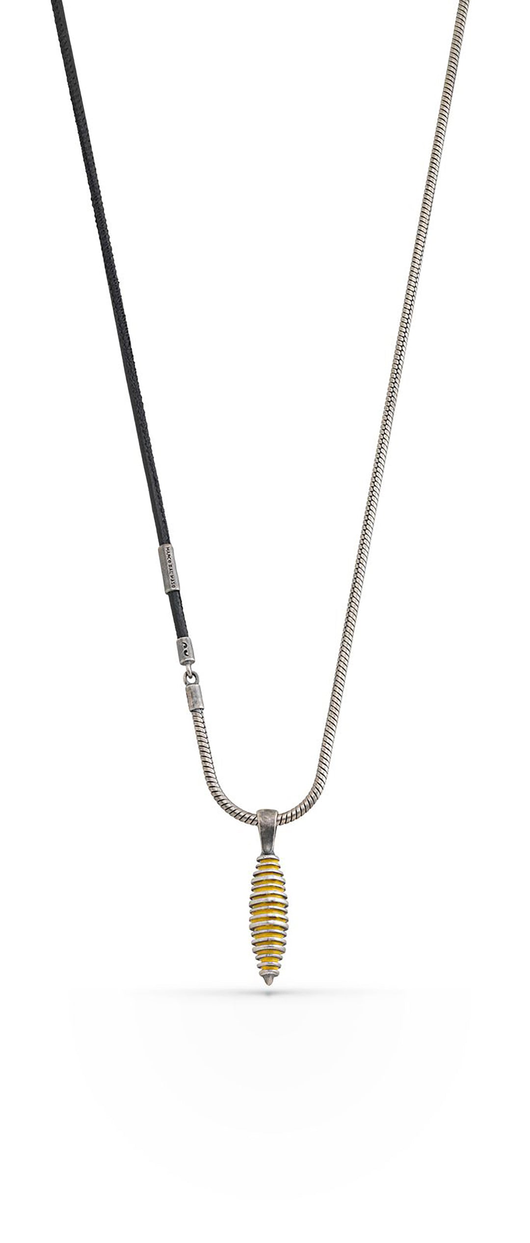 ACIES Cocoon Oxidized Silver and Black Leather Pendant with Yellow Enamel