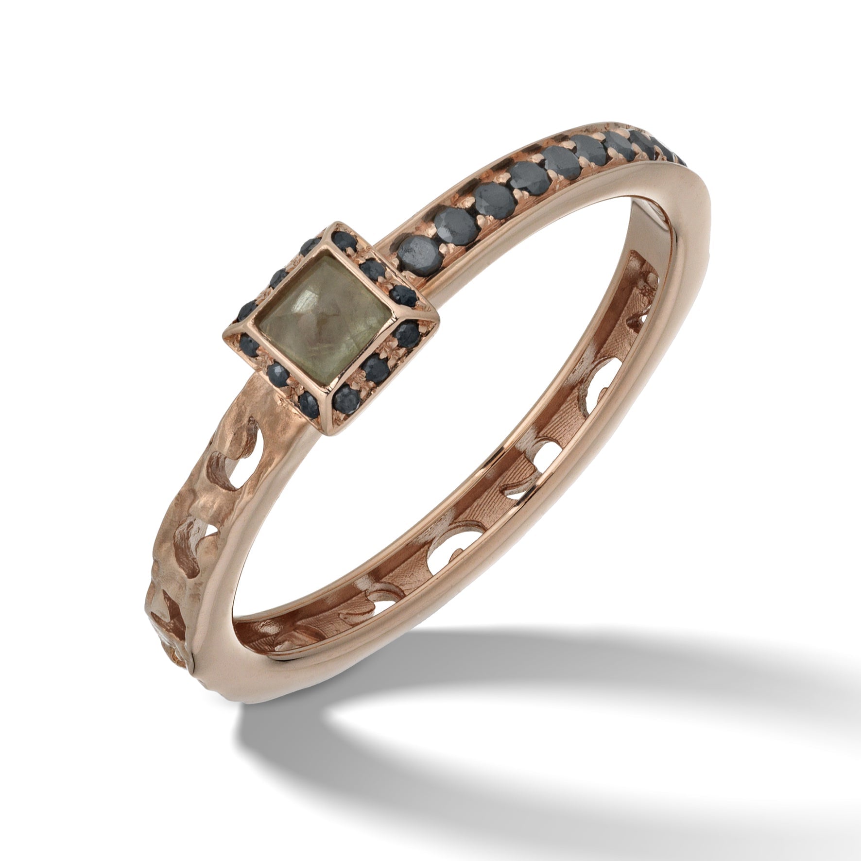 Orion Rose Gold Ring with Black Diamonds & Square Sapphire Halo