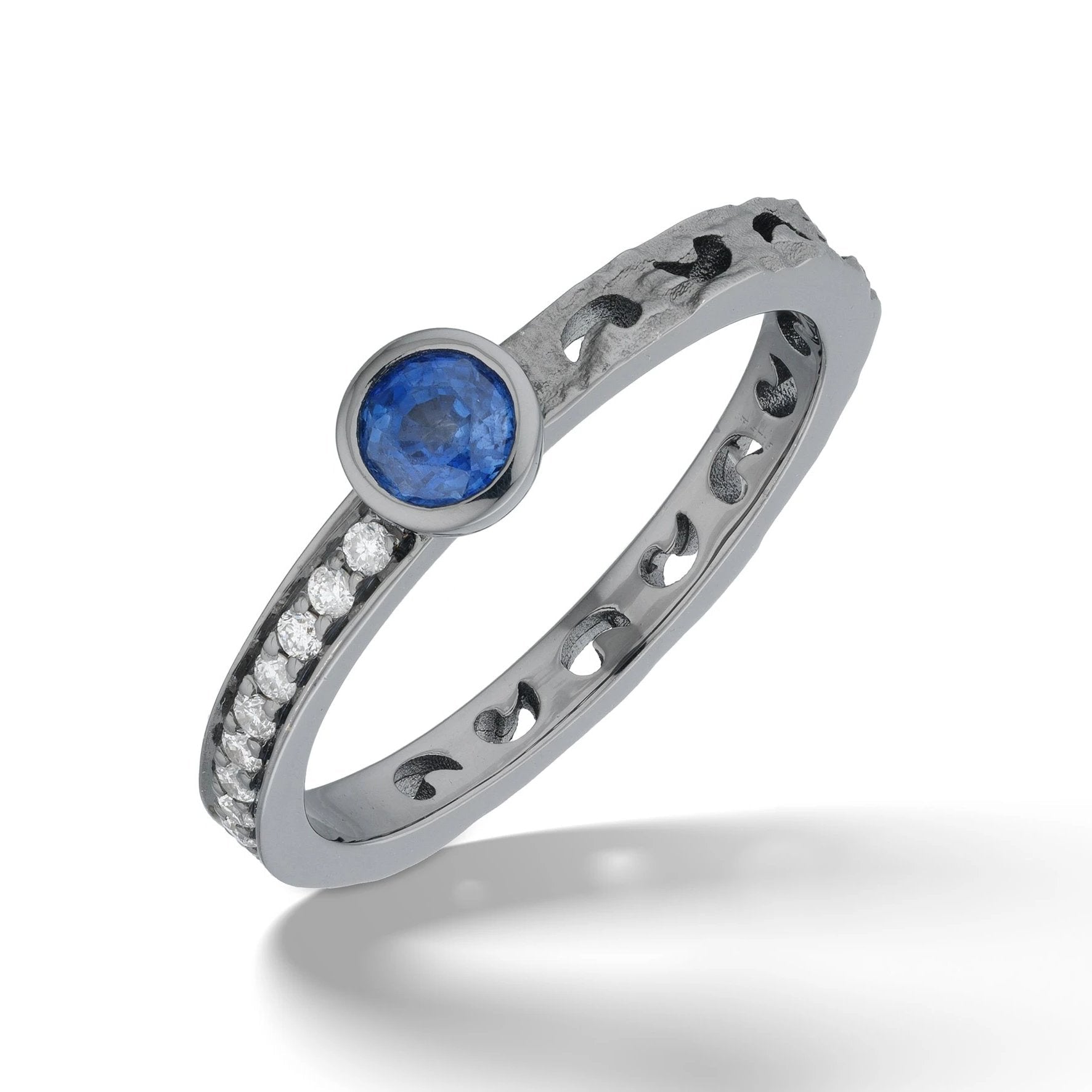 Orion Black Gold Ring with White Diamonds & Blue Sapphire Top