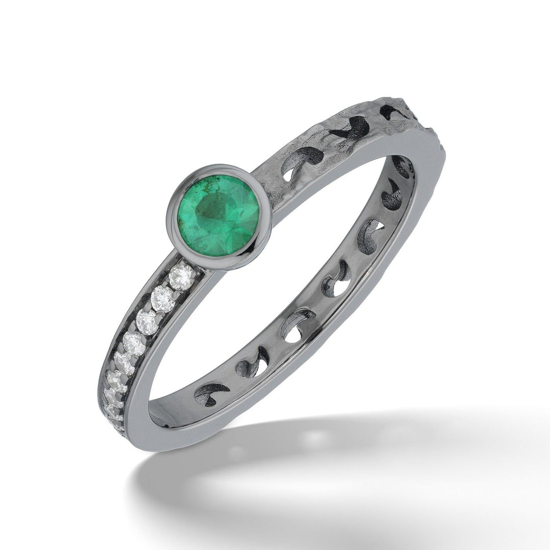 Orion Black Gold Ring with White Diamonds & Emerald Top