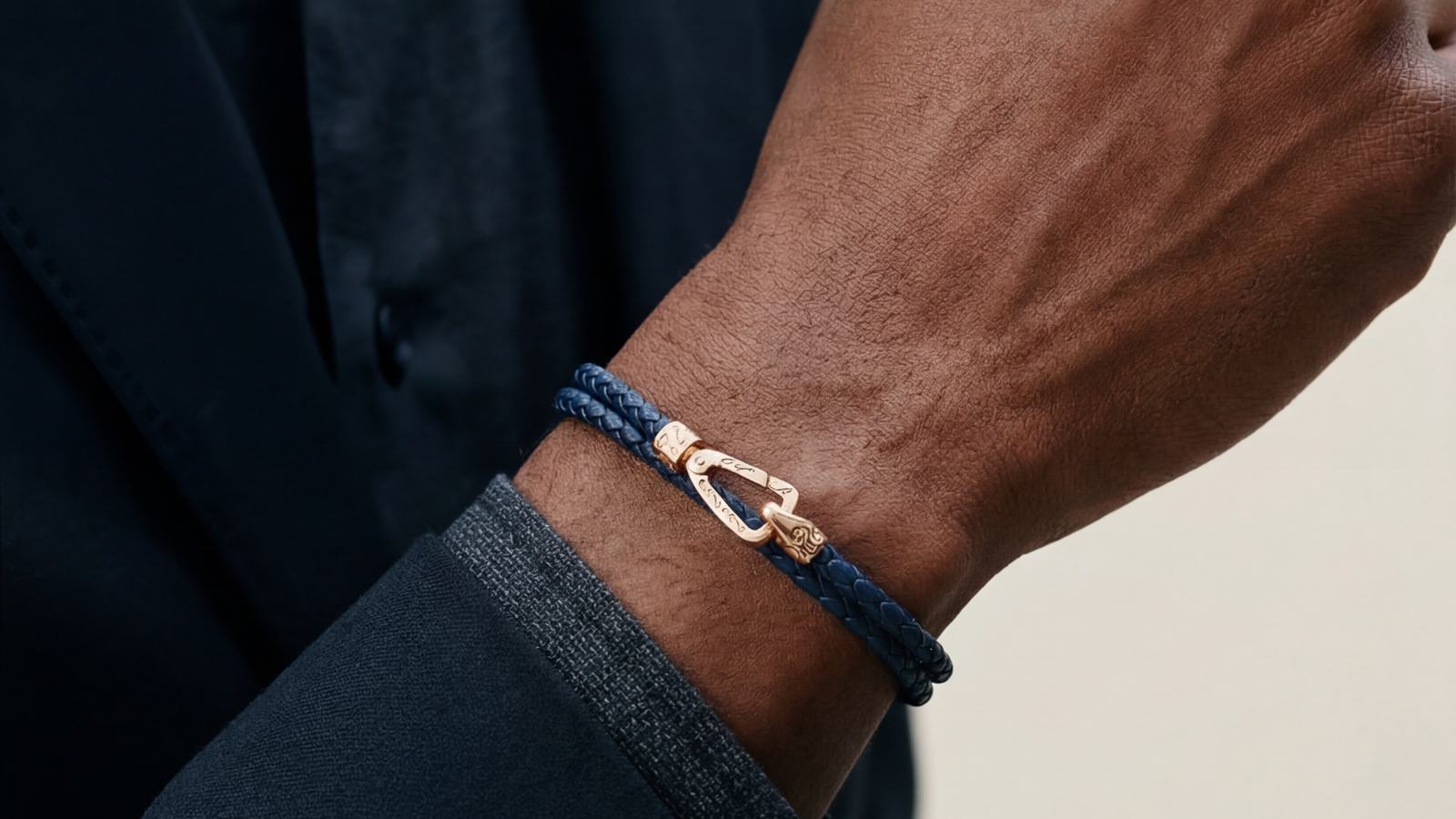 Blue and Black Leather Mens Bracelet 