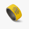 Yellow and black ring with a logo on a white background