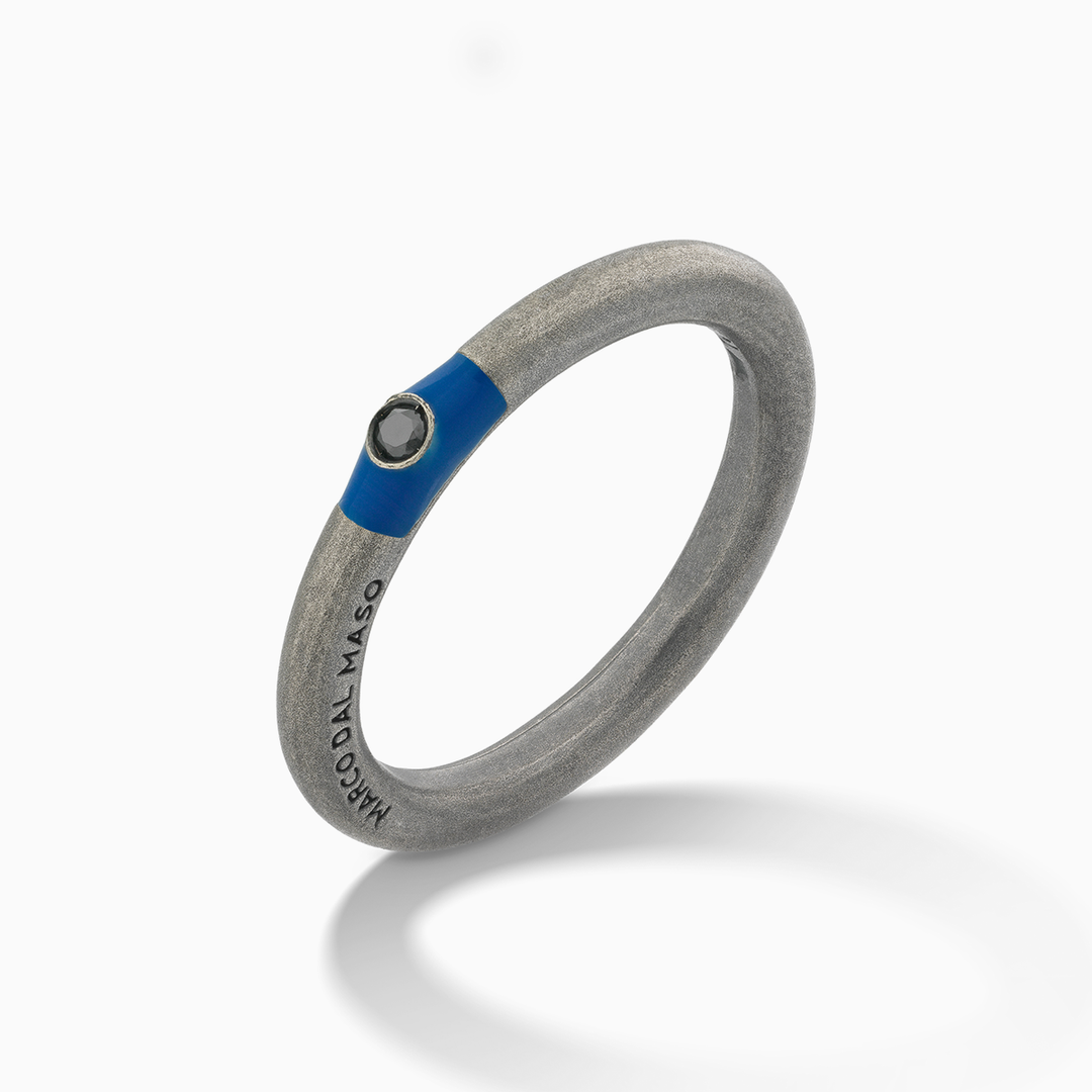 ULYSSES Slick Oxidized Ring with Black Diamond and Blue Enamel-Standard View