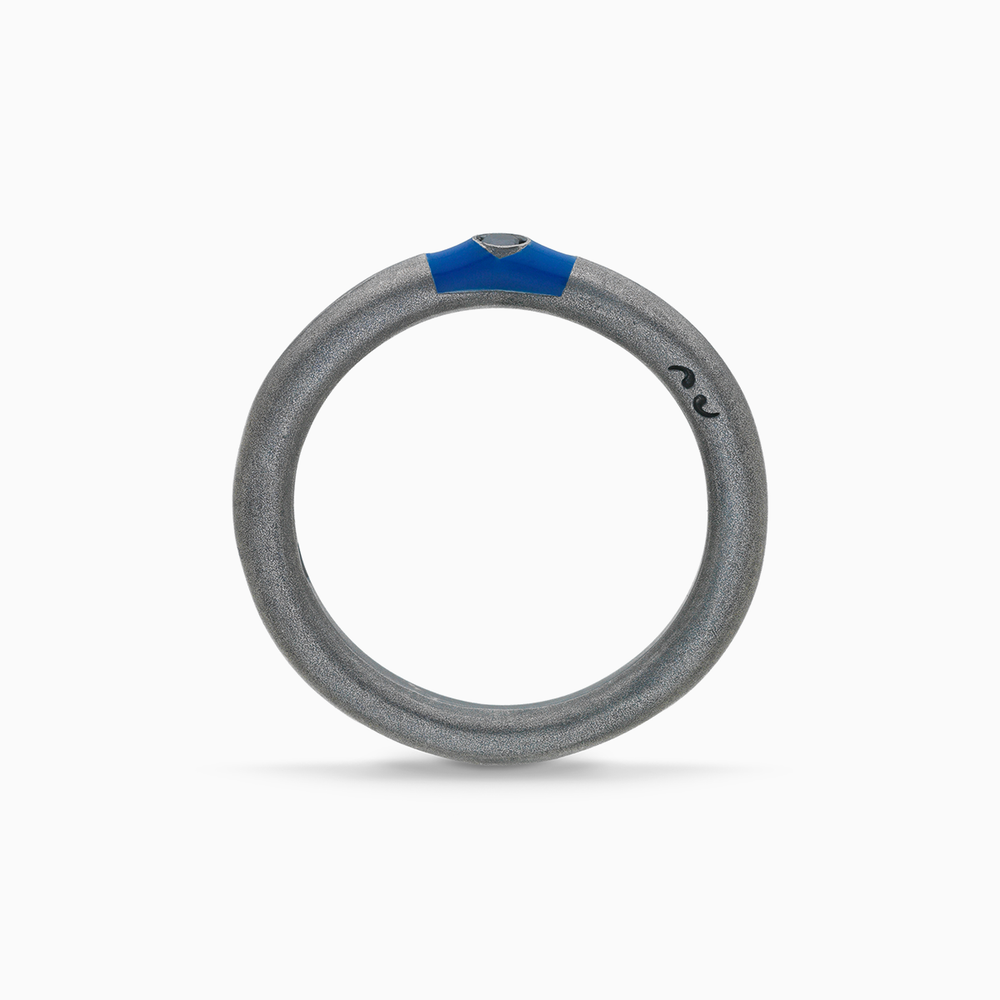 ULYSSES Slick Oxidized Ring with Black Diamond & Blue Enamel