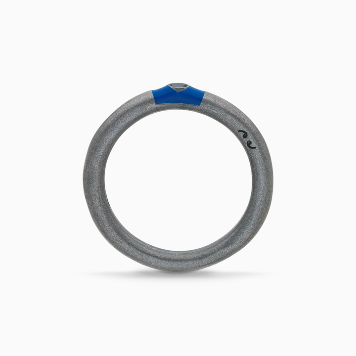 ULYSSES Slick Oxidized Ring with Black Diamond and Blue Enamel-Straight View