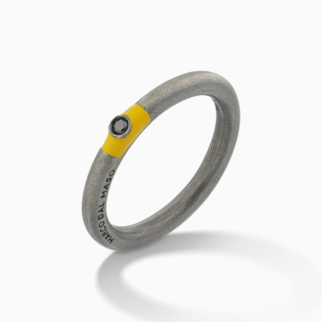 ULYSSES Slick Oxidized Ring with Black Diamond & Yellow Enamel